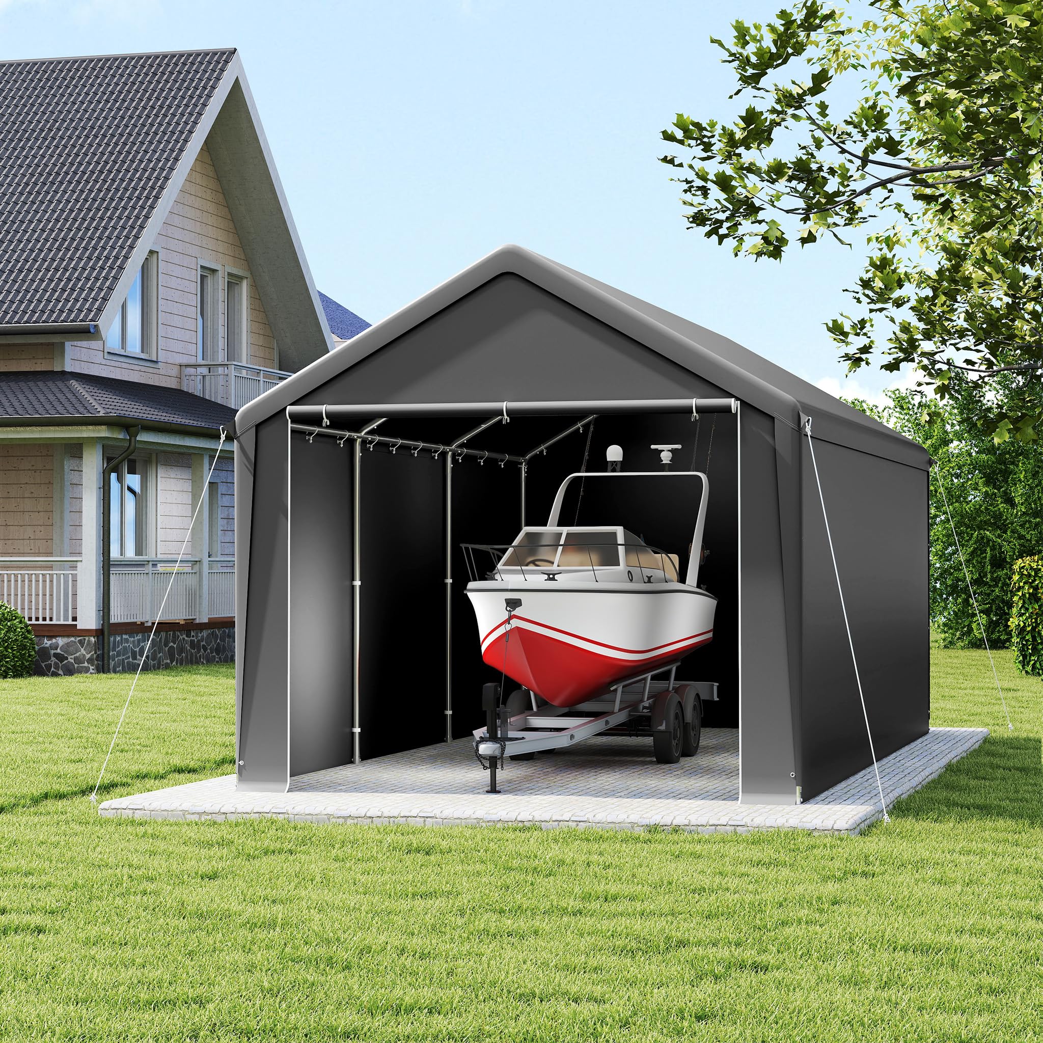LILIIN Garage de tente 3 x 6 m résistant à l'hiver avec toit en polyéthylène (170 g/m²) pour voiture, SUV et camion, résistant aux UV, tente de stockage et tente