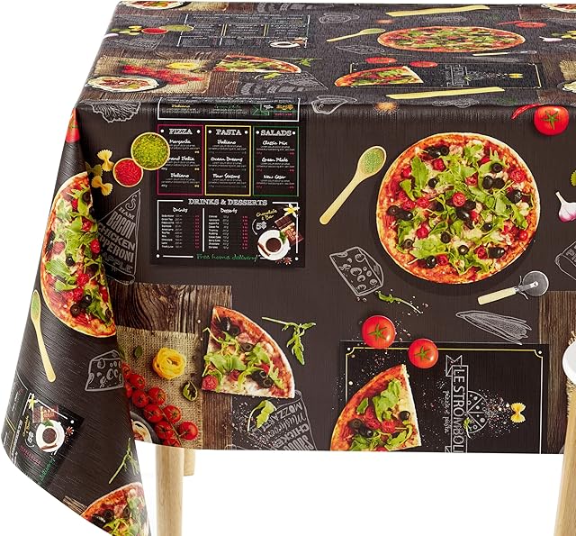 KP HOME PVC Table Cloth Wipe Clean Oilcloth Tablecloth Black PIZZA Print 200 x 140 cm Rectangle Table Cloth Wipeable Vinyl Waterproof Tablecloth Large 78x55 in Plastic Table Cover Chalkboard Pattern