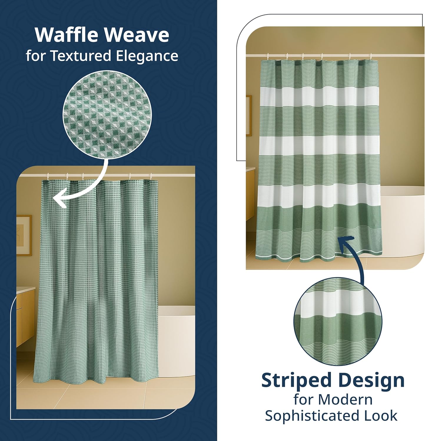 LANE LINEN Hotel Quality Shower Curtain Set - 72W x 72H, 2 Pack Heavyweight Waffle Striped Curtains with Metal Grommets - Stable Hanging Design, Water Repellent, Quick Dry & Machine Washable - Green