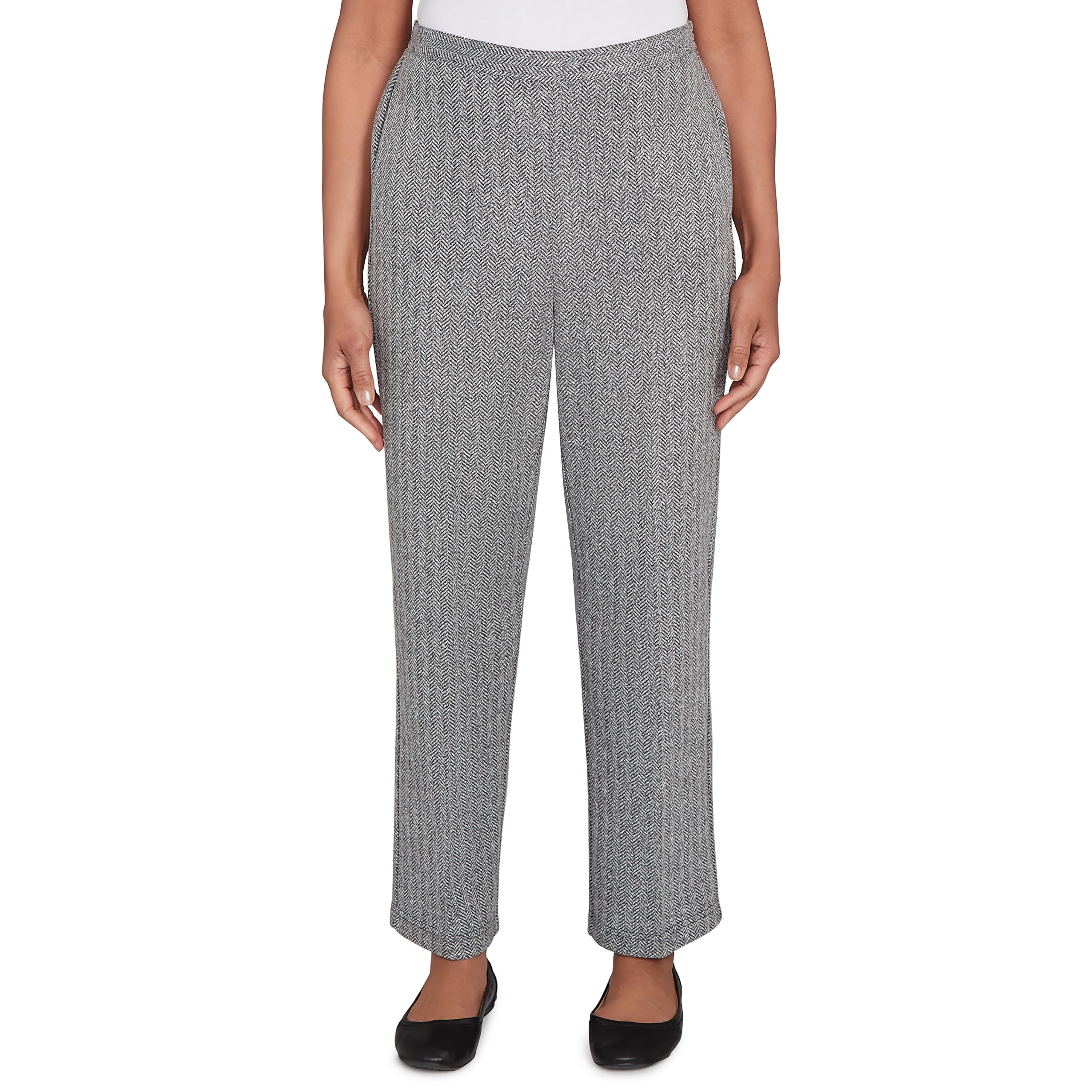 Alfred Dunner Womens Petite Herringbone Knit Medium Length Pant Size PXL Black Ivory
