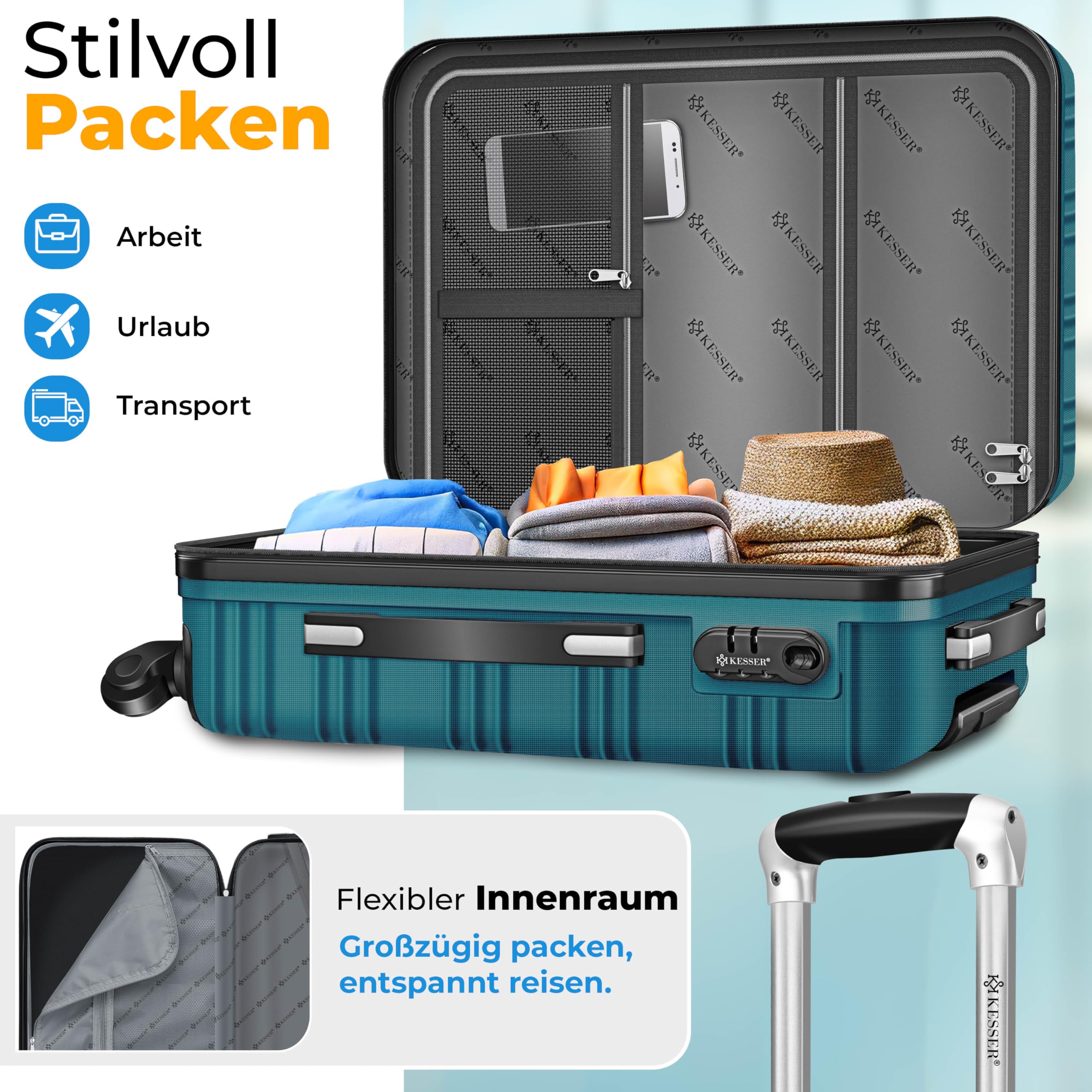 KESSER® Set di 3 valigie rigide, set di valigie da viaggio, set di valigie trolley, incl. bilancia per bagagli + etichetta per bagagli, chiusura per valigie rotolanti, manico telescopico M-L-XL