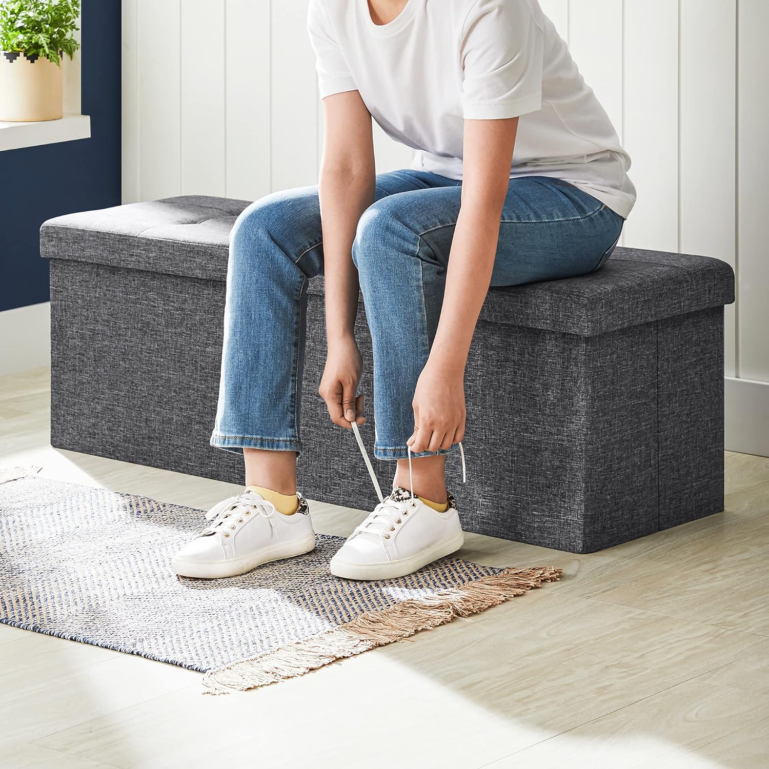 SONGMICS MAZIE Collection - 43 Inches Storage Ottoman, Foldable Storage Bench with Flipping Lid, 660 lb Load Capacity, for Entryway, Living Room, Bedroom, Dark Gray ULSF76GYZ - Image 6