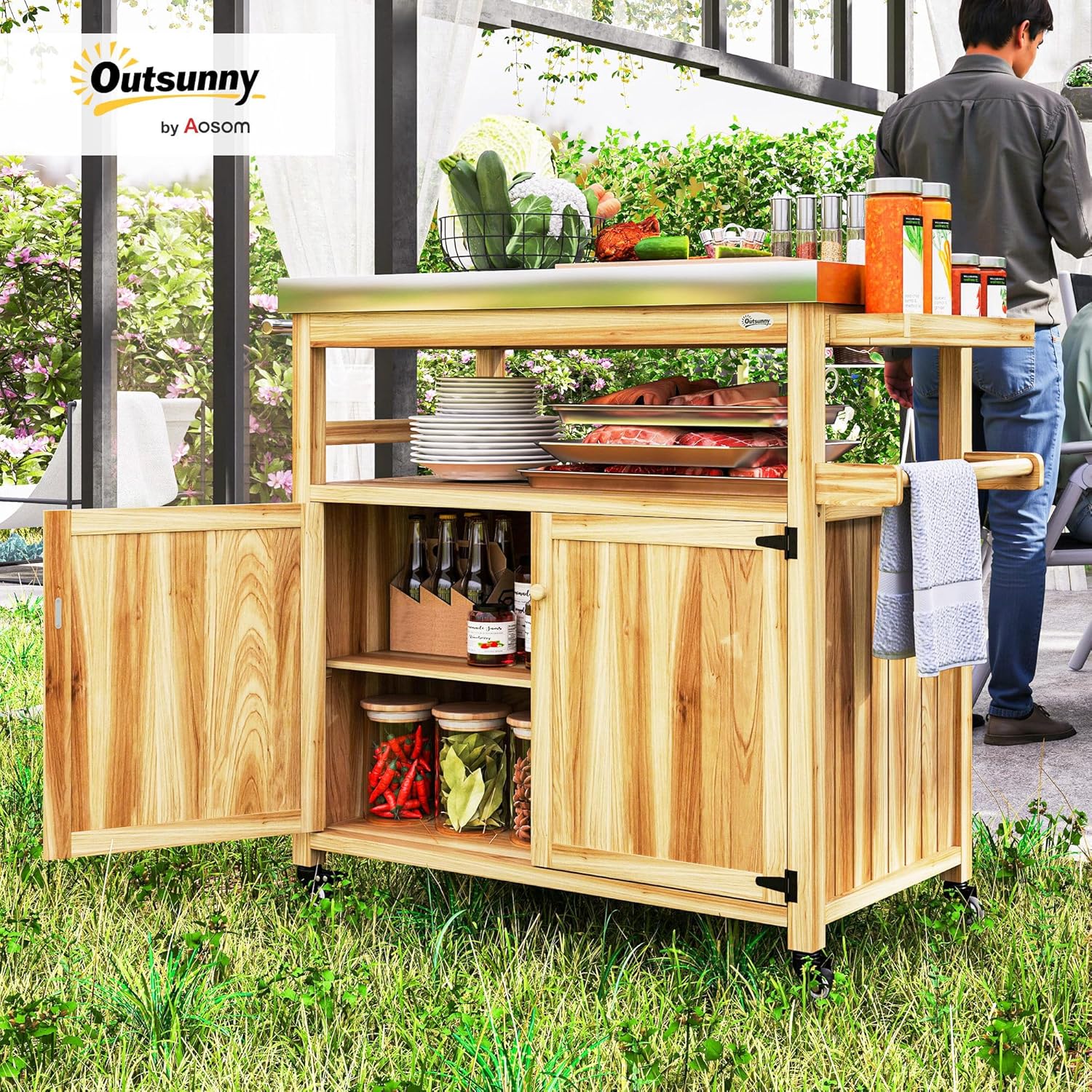Outsunny Outdoor Grill Cart with Wheels and Storage, Solid Wood Outdoor Kitchen Island with Stainless Steel Top, Movable Bar Cart with Spice Rack, Side Handle, Integrated Hole for BBQ, Natural Wood