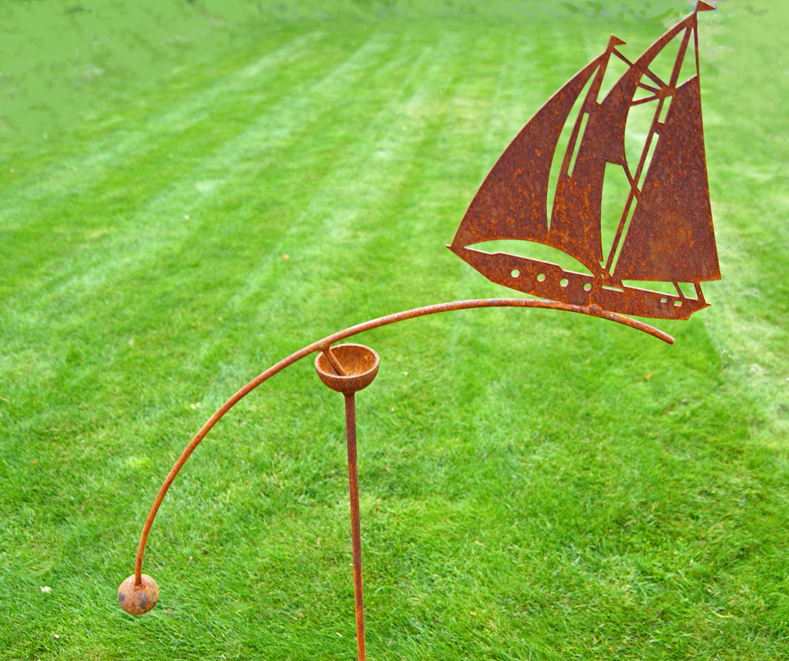 GAP GARDEN PRODUCTS - Solid Metal Rustic finish Garden Wind Spinner/Rocker with a Sailing Boat design on a Single arm (Bare metal and will rust natuarally)