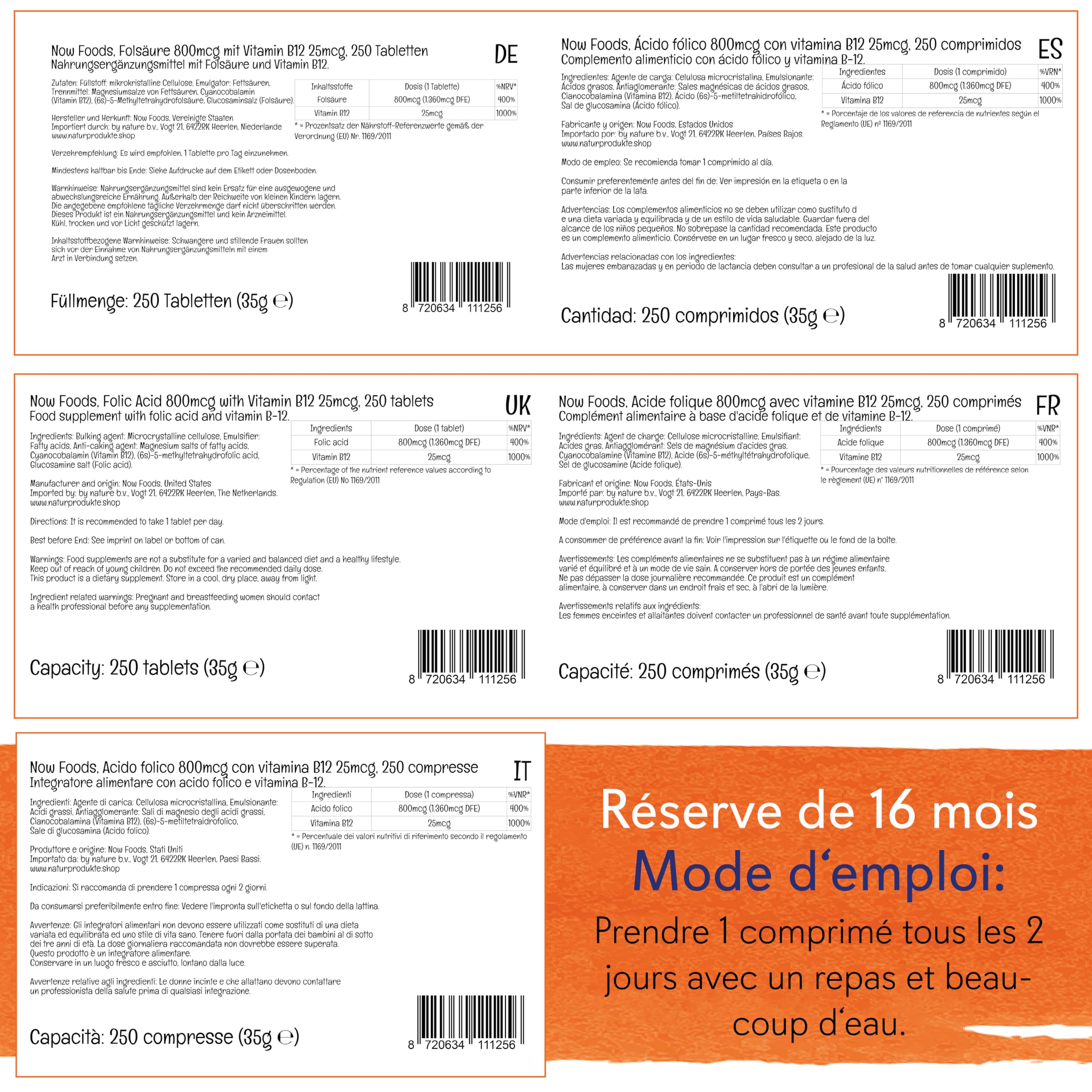 Now Foods, Folic Acid (Acide Folique), 800mcg, 250 Comprimés végétaliens, Testé en Laboratoire, Haute Dose, Vitamine B12, Sans Gluten, Sans Soja, Végétarien