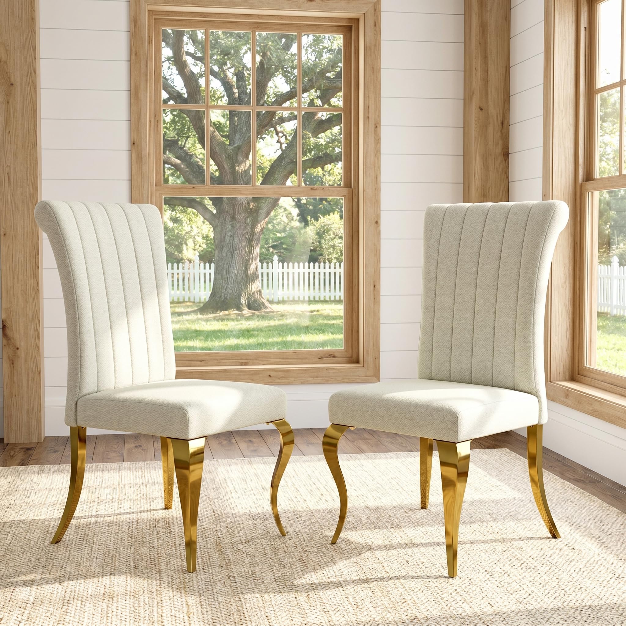 White and Gold Boucle Upholstered Dining Chairs Set of 2