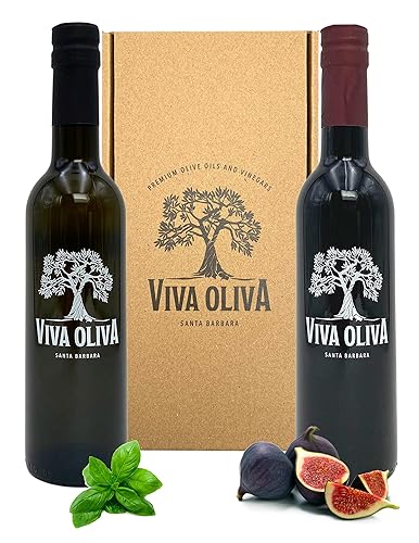 Viva Oliva Juego de dos variedades de 12.7fl oz (12.7 onzas), aceite de oliva con infusión de albahaca y vinagre balsámico de higo negro de misión,