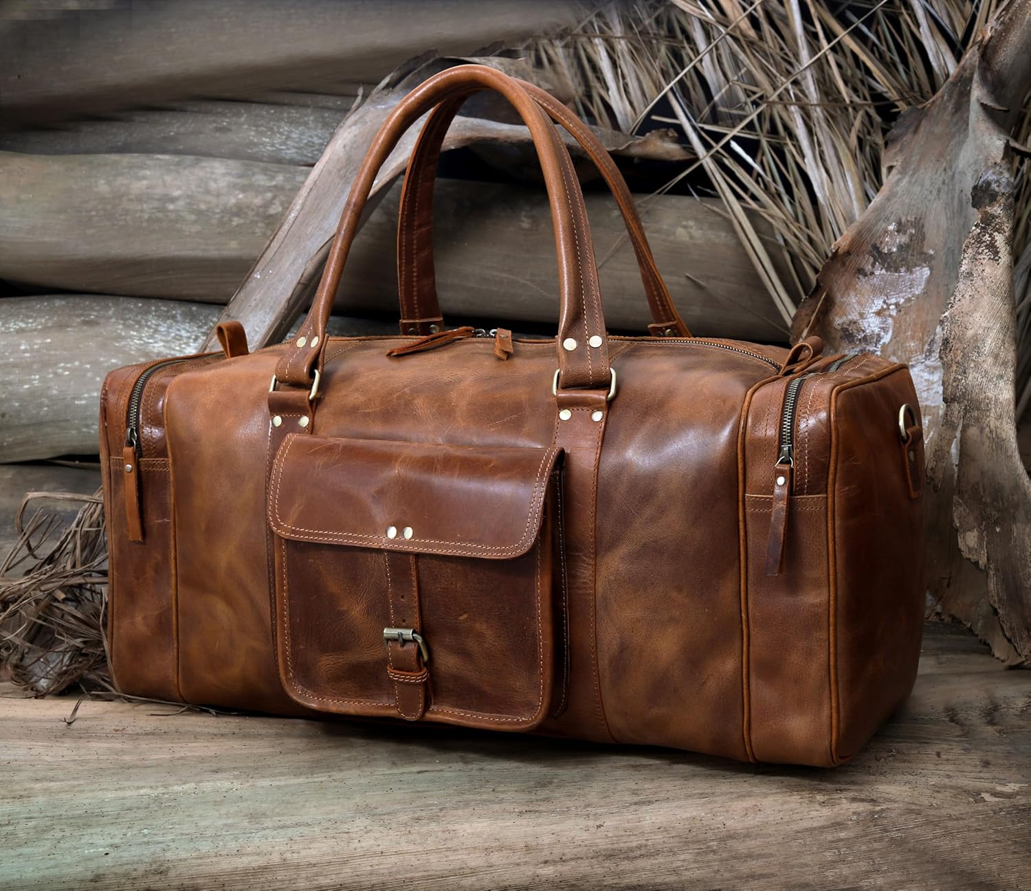 Leather Duffel Bag for Men & Women, Genuine Weekender Travel Bag, Handmade Overnight Gym Bag with Shoulder Strap, Carry-On for Business & Outdoor Travel (Asher Duffel, Light Brown, 24 Inch) - Image 6