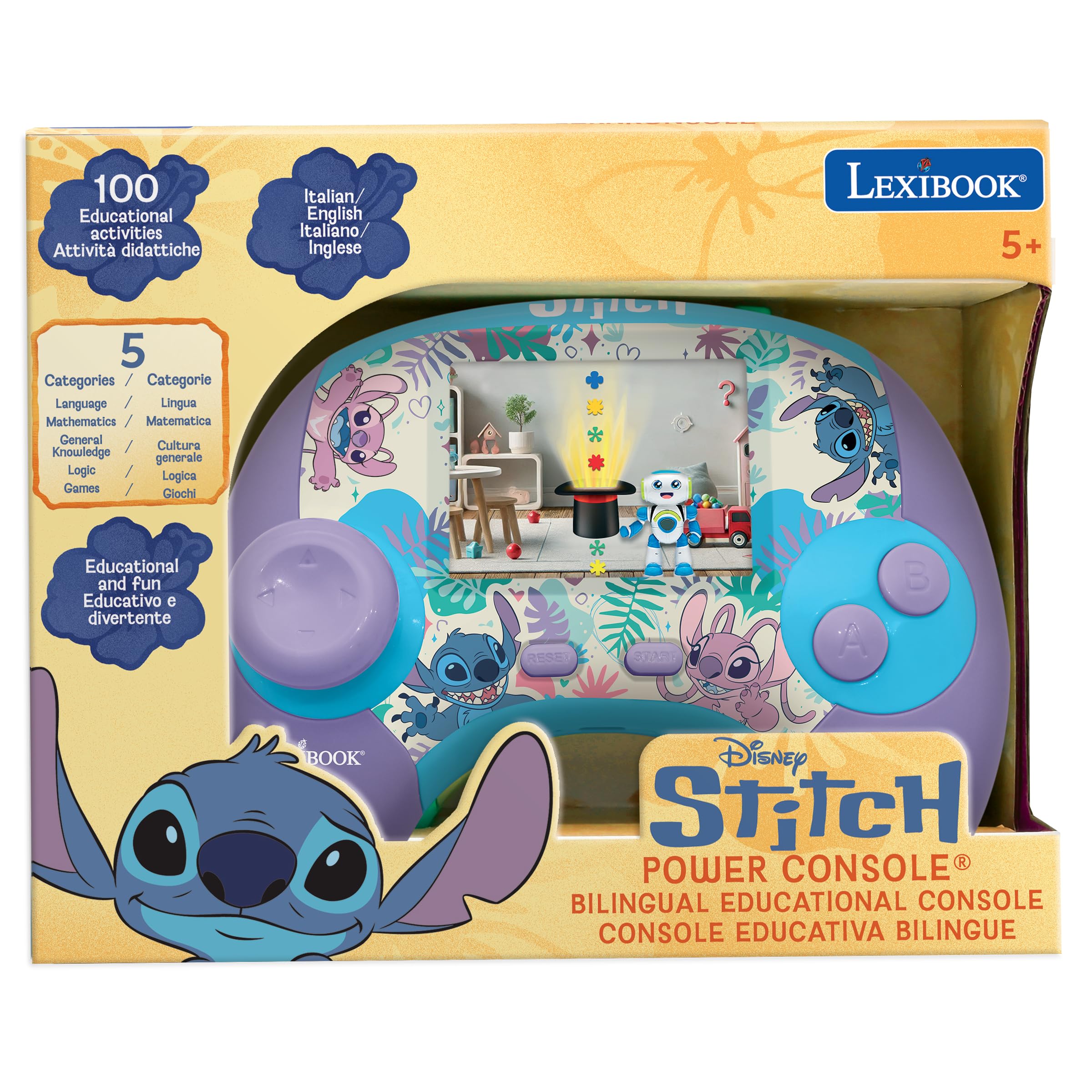 Lexibook, Disney Stitch, Power Console®, console educativa bilingue con 100 attività, INGLESE/ITALIANO, JCG100Di5