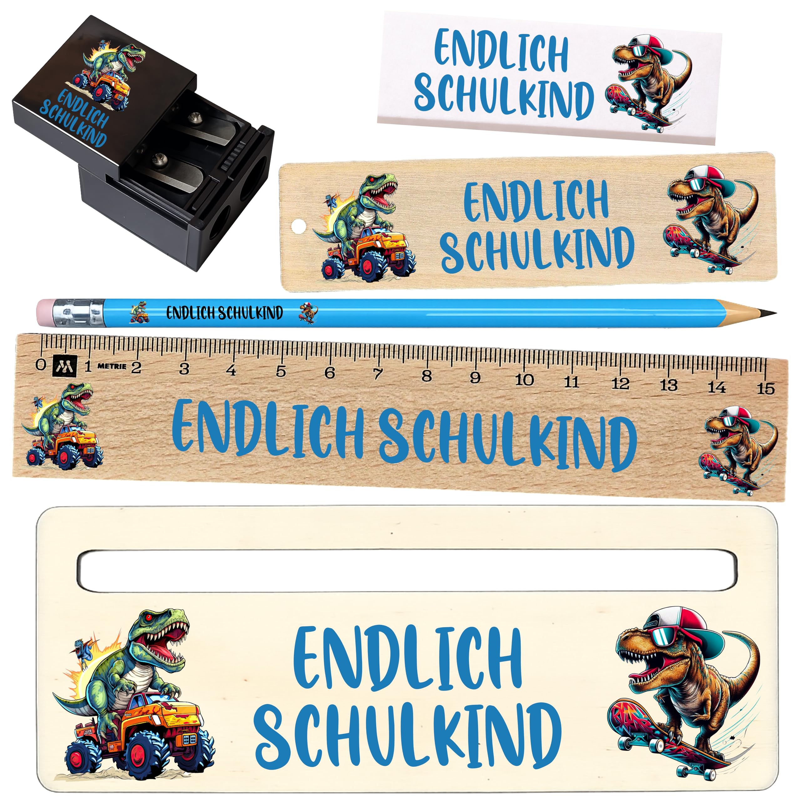 Generisch Einschulung Set Schulkind – Geschenk zur Einschulung für Jungen & Mädchen – Lineal, Radiergummi, Lesehilfe – 3 Größen (Mini, Standard, Premium) – Dino, Einhorn, Fußball (Dino, Premium Set)