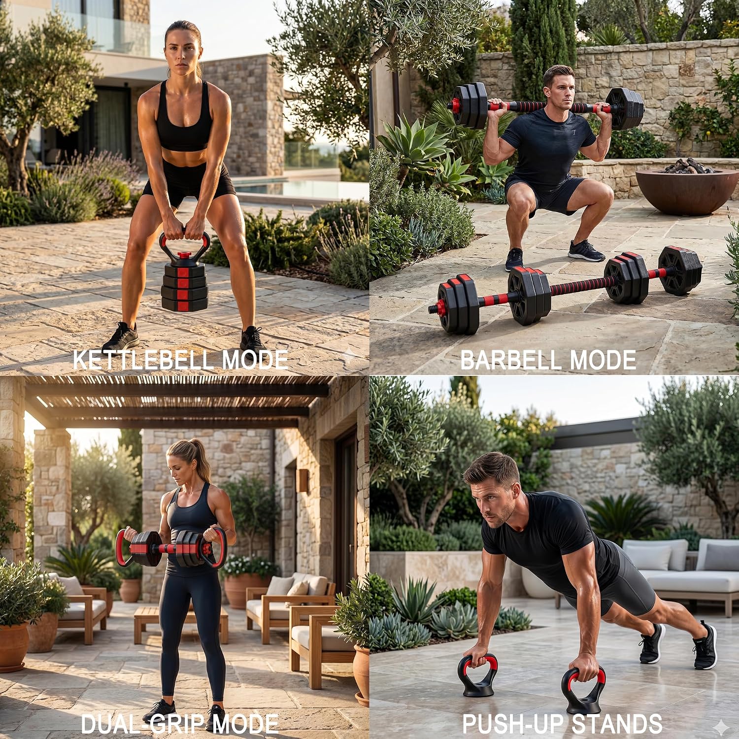 6-in-1 Adjustable Dumbbell & Barbell Weight Set, 45LB Octagon Anti-Roll Iron Sand & Cement Composite Weights, All-in-One Home Gym Equipment with Kettlebell, Push-up Stands & Gloves