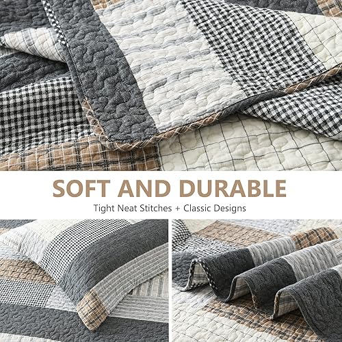 Miniatura 6 de Juego de edredón tamaño Queen, edredón de retazos de 100% algodón para cama Queen, edredón reversible ligero de 3 piezas a cuadros, gris, bronceado,
