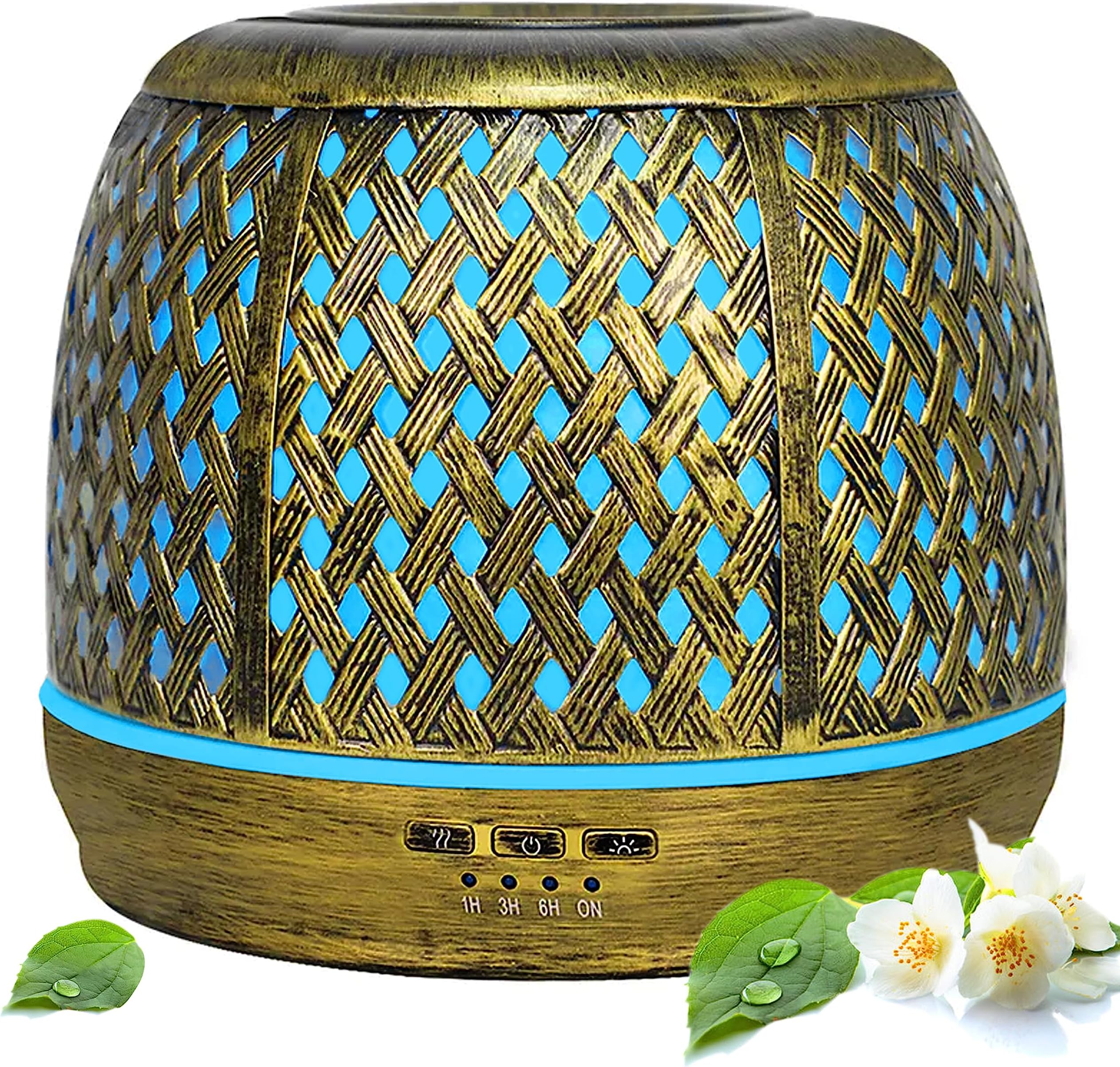 Robust Essential Oil Diffuser Air humidifier, 500ml Ultrasonic Aromatherapy, Aroma Diffuser, 7 colors LED Lights, Auto ON-OFF Technology and All Upgraded features, Metal Brass (Date Leaf Style)