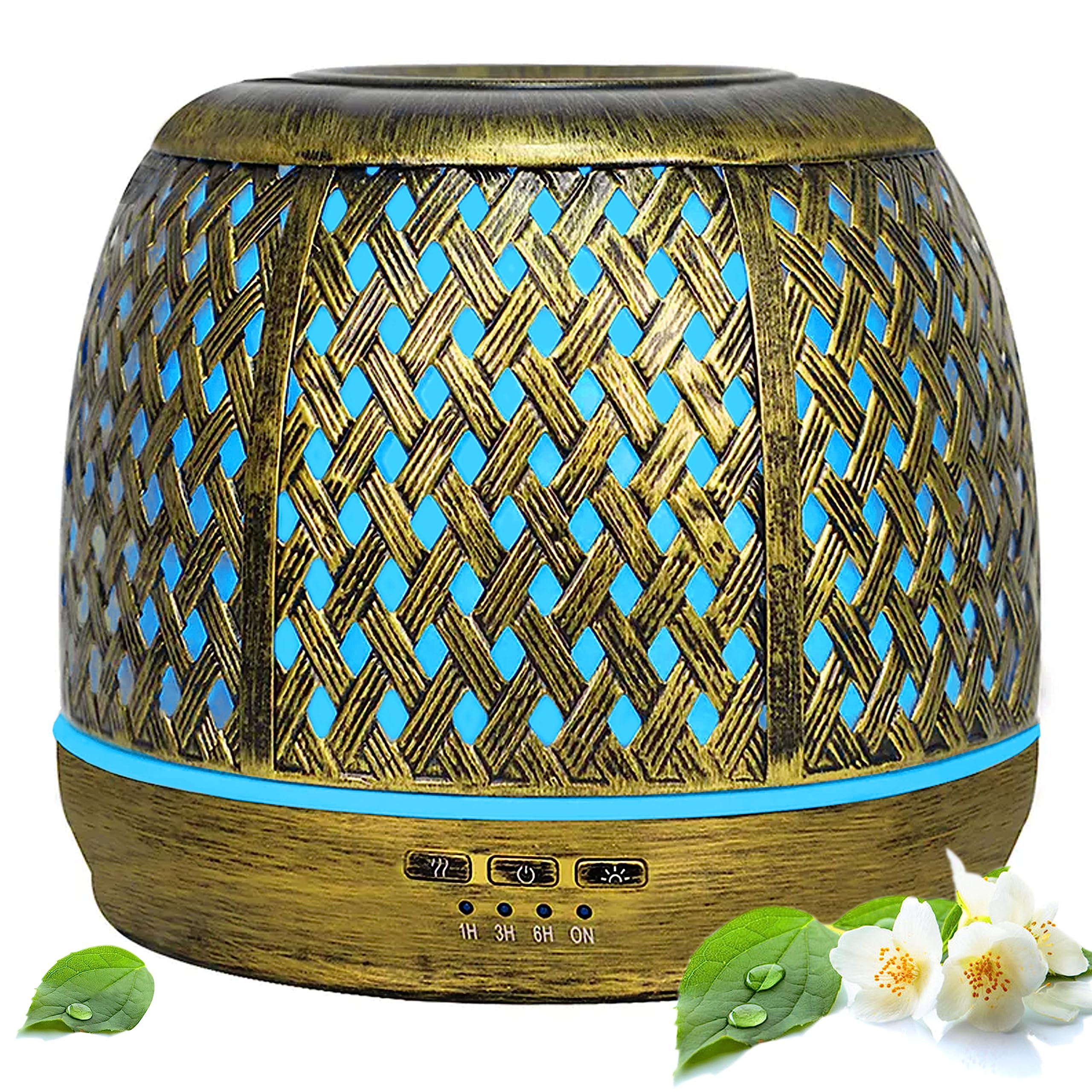 Robust Essential Oil Diffuser Air humidifier, 500ml Ultrasonic Aromatherapy, Aroma Diffuser, 7 colors LED Lights, Auto ON-OFF Technology and All Upgraded features, Metal Brass (Date Leaf Style)