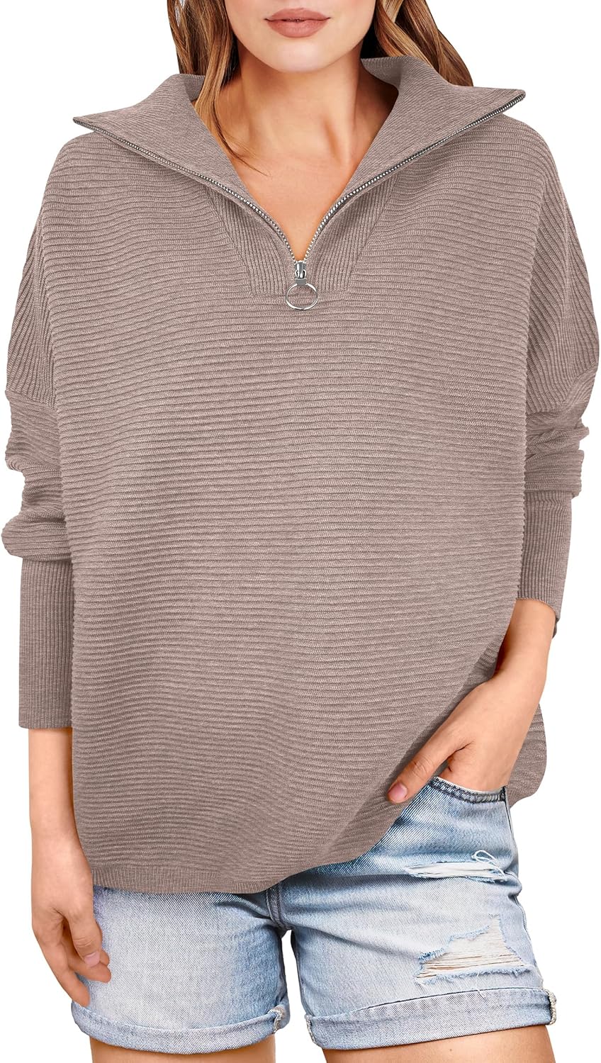 ANRABESS Women Quarter Zip Oversized Casual Loose Rib Knit Cozy Pullover Sweaters Top 2025 Fall Fashion Outfits Clothes