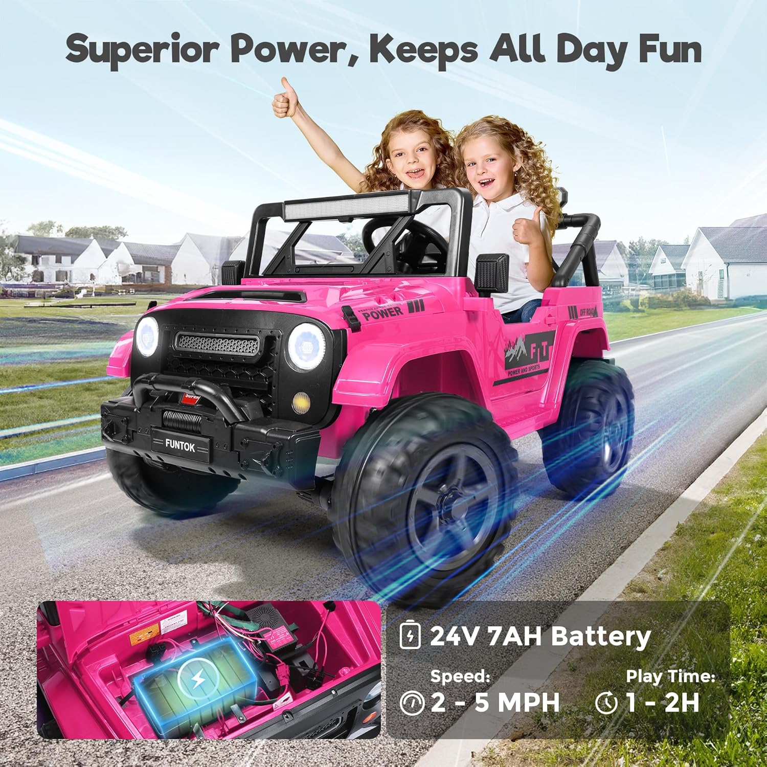 FUNTOK 24V 2 Seater Ride On Toys for Big Kids, XL 4WD Kid's Electric Vehicles w/Remote Control, 4x200W Motors, Max 5 MPH, 20'' Seat, Truck Bed Storage, Bluetooth, Drivable Cars for Kids Ages 3-8