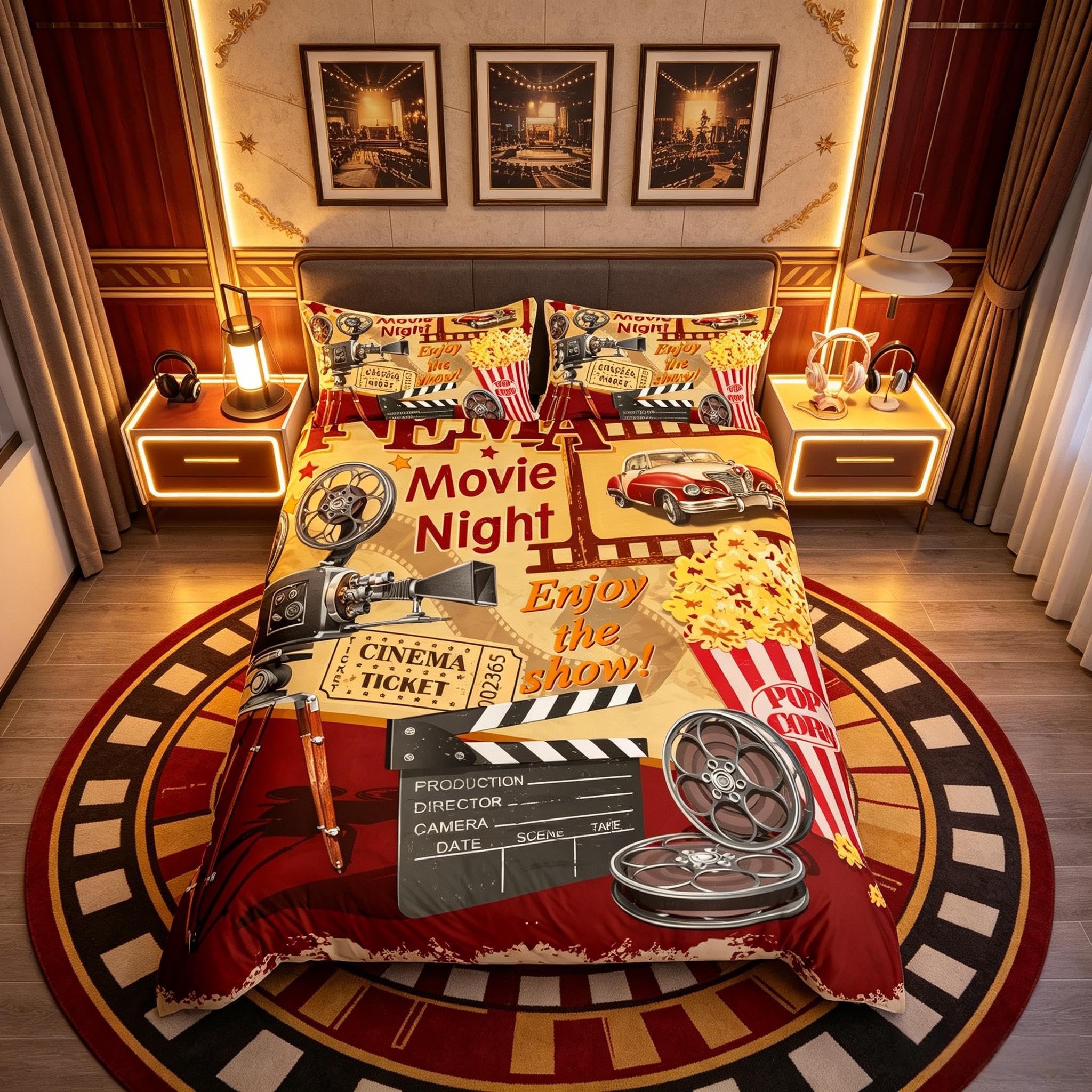 richhome Vintage Cinema King Size Duvet Cover Movie Theater Theme Bedding Set 3pcs for Kids Teens Adult Popcorn Filmstrip Camera Comforter Cover Soft Quilt Cover Bedroom Decor Bedspread