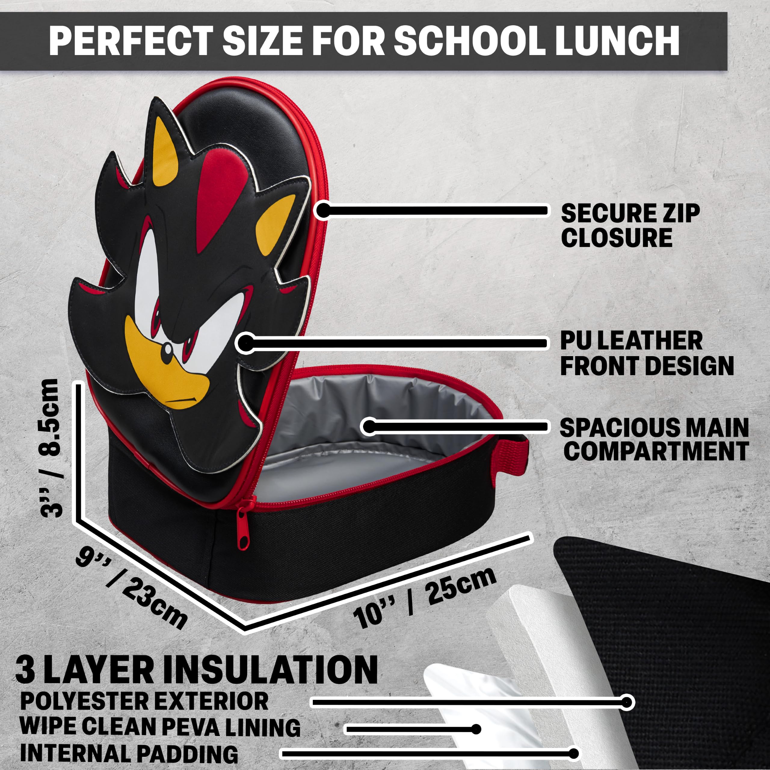 Sonic the Hedgehog 3D Sac Isotherme Repas et Gourde Enfant Set, Shadow Lunch Bag Isotherme avec Fermeture Éclair et Sans BPA Gourde Air Up, École ou Pique Nique, Cadeau Enfant (Noir/Rouge Shadow)