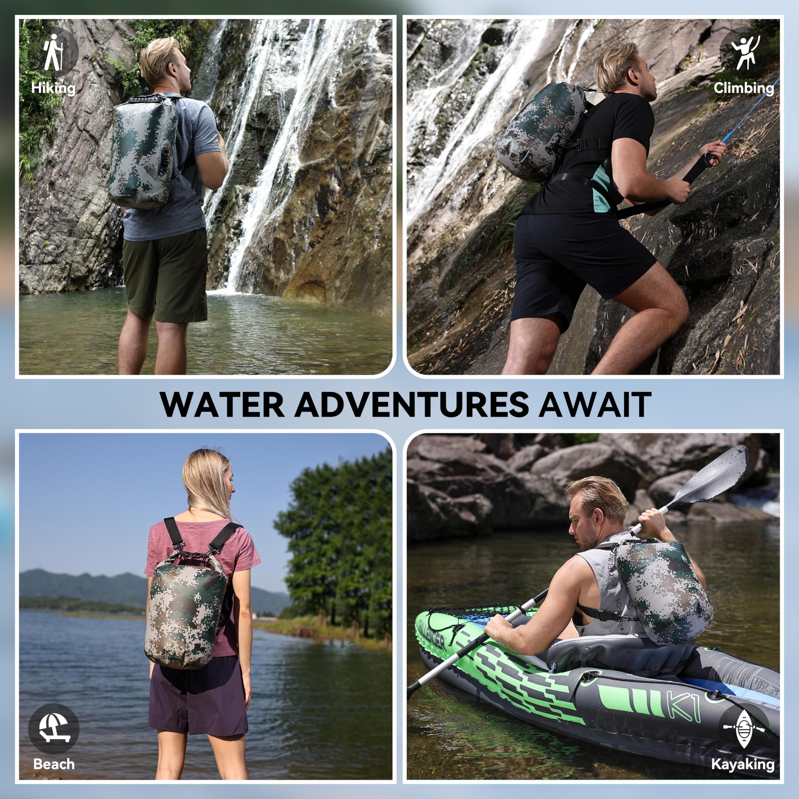 MARCHWAY Zaino impermeabile galleggiante da 5 l/10 l/20 l/30 l/40 l, con parte superiore arrotolabile, mantiene l'attrezzatura asciutta per kayak, rafting, canottaggio, nuoto, campeggio, escursionismo