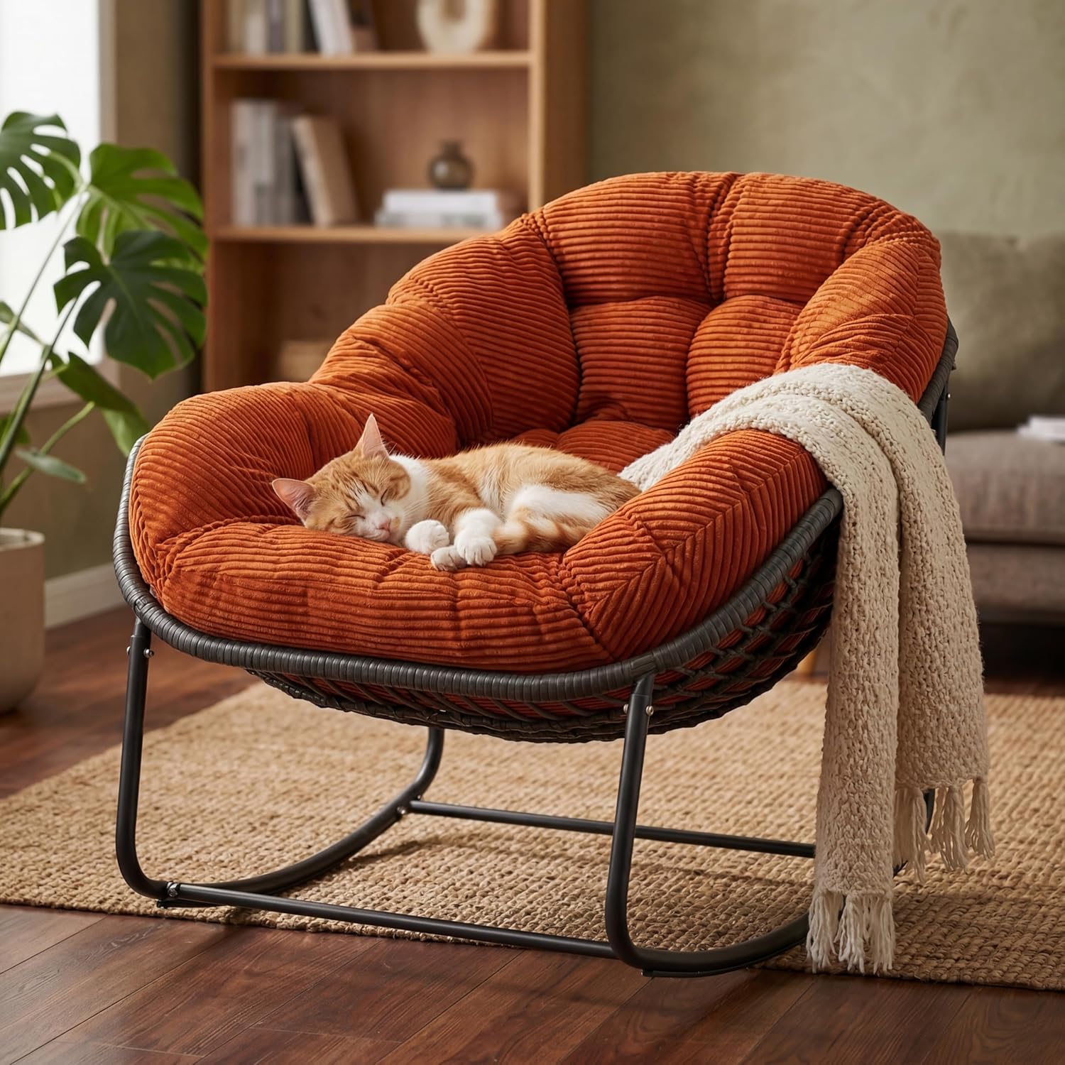 Large Egg Shaped Rocking Chair with Thick Cushion, Indoor Outdoor Papasan Chair, Rattan Wicker Comfy Lounge Rocker for Bedroom, Living Room, Porch, Patio (1, Gunmetal gray Frame - Dark Orange)