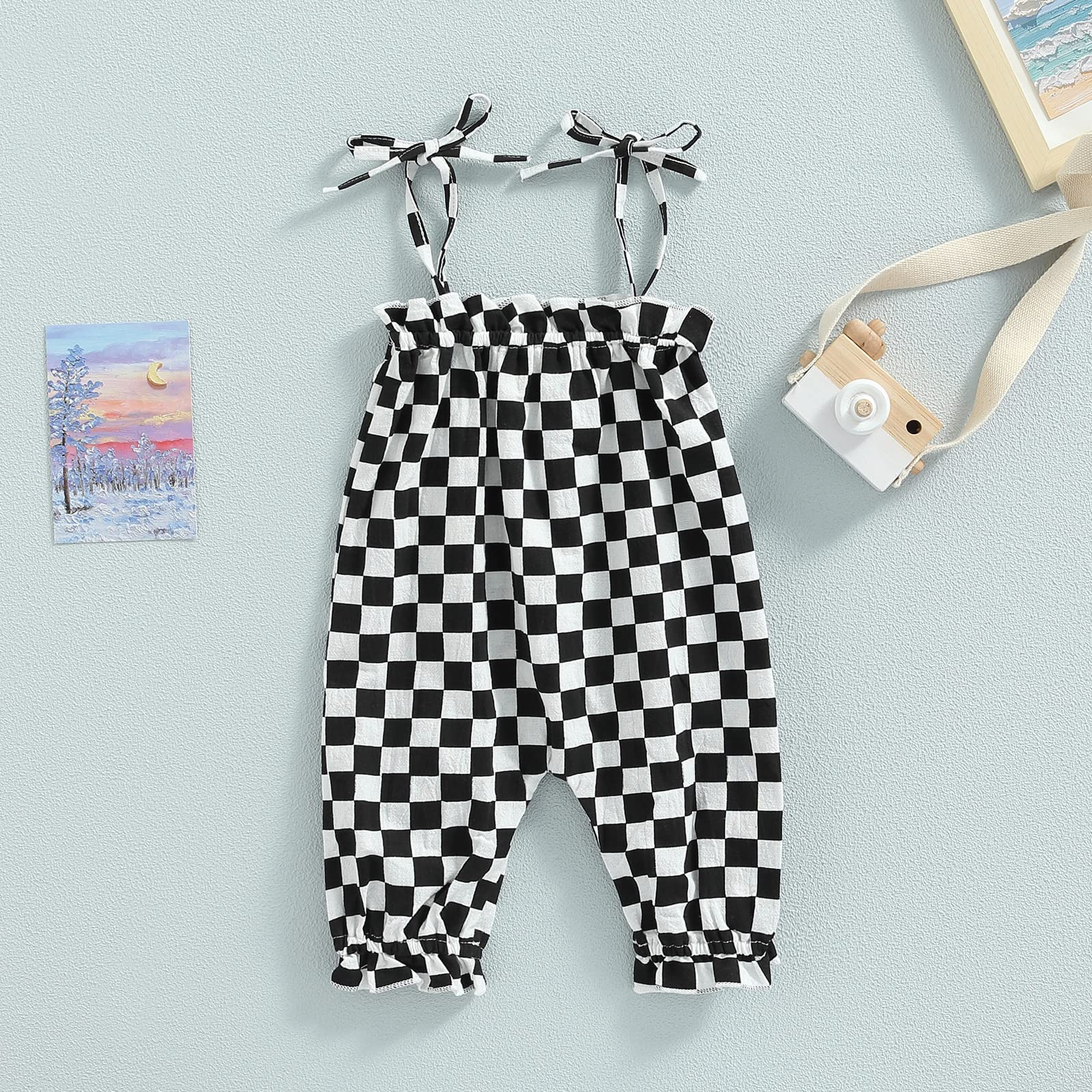 Lenjindjer Infant Baby Girls Summer Jumpsuits Checkerboard Plaid Sleeveless Tie-up Smocked Romper Overalls One Piece Outfits (Black, 6-12 Months)