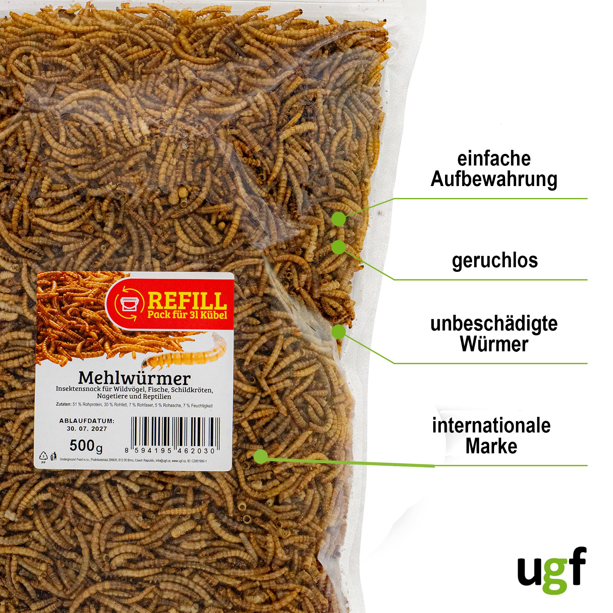 UGF - Gusanos de harina Premium Secos 500 g, Comida para pájaros Silvestres Todo el año, alimento para erizos, Ardillas, hámster — view 7