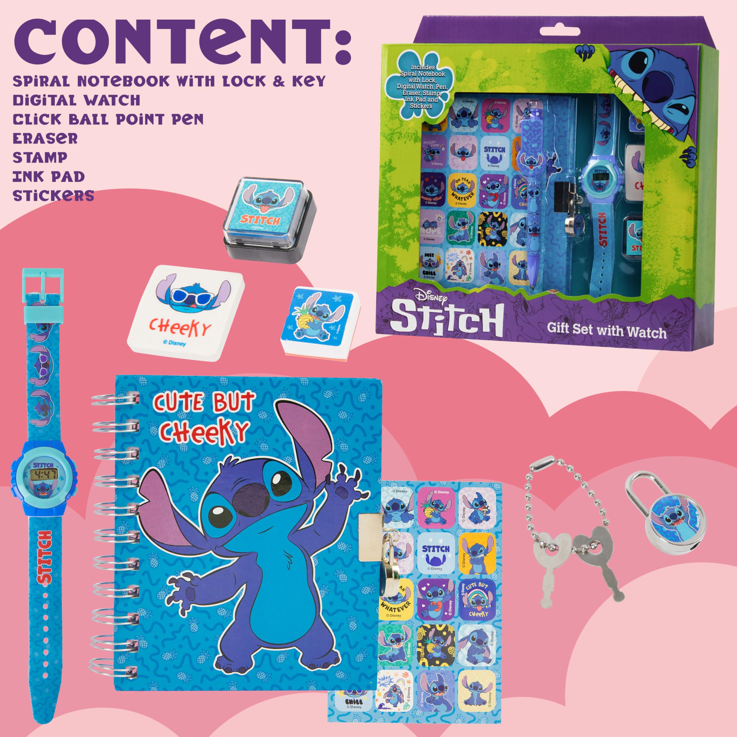 Disney Stitch Set de Regalo con Reloj Digital, Diario con Candado y Boligrafo