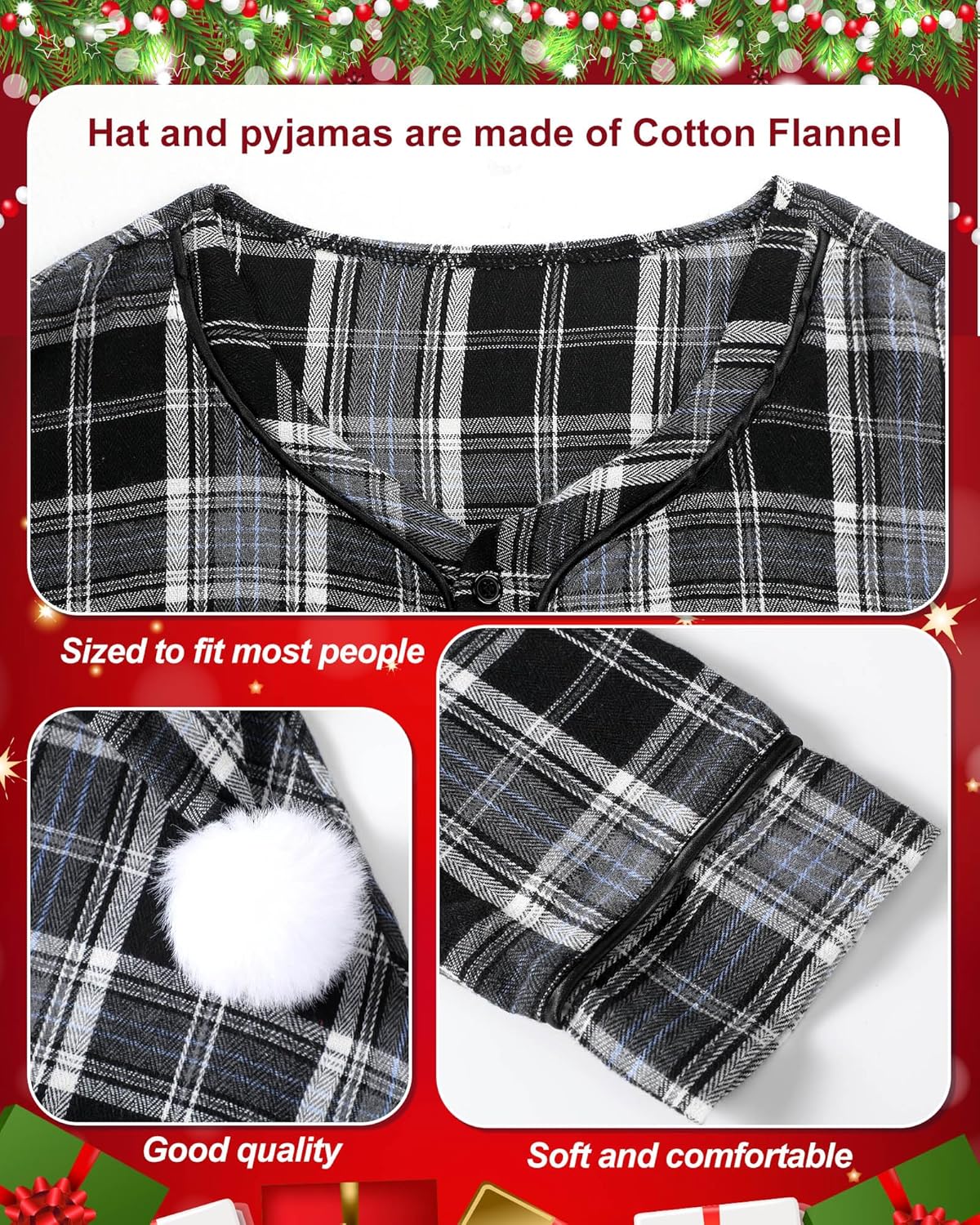 Cuffbow 4 Pcs Christmas Men's Cotton Flannel Nightshirt Set Includes Men Flannel Long Sleeve Nightgown Cap Candle and Holder