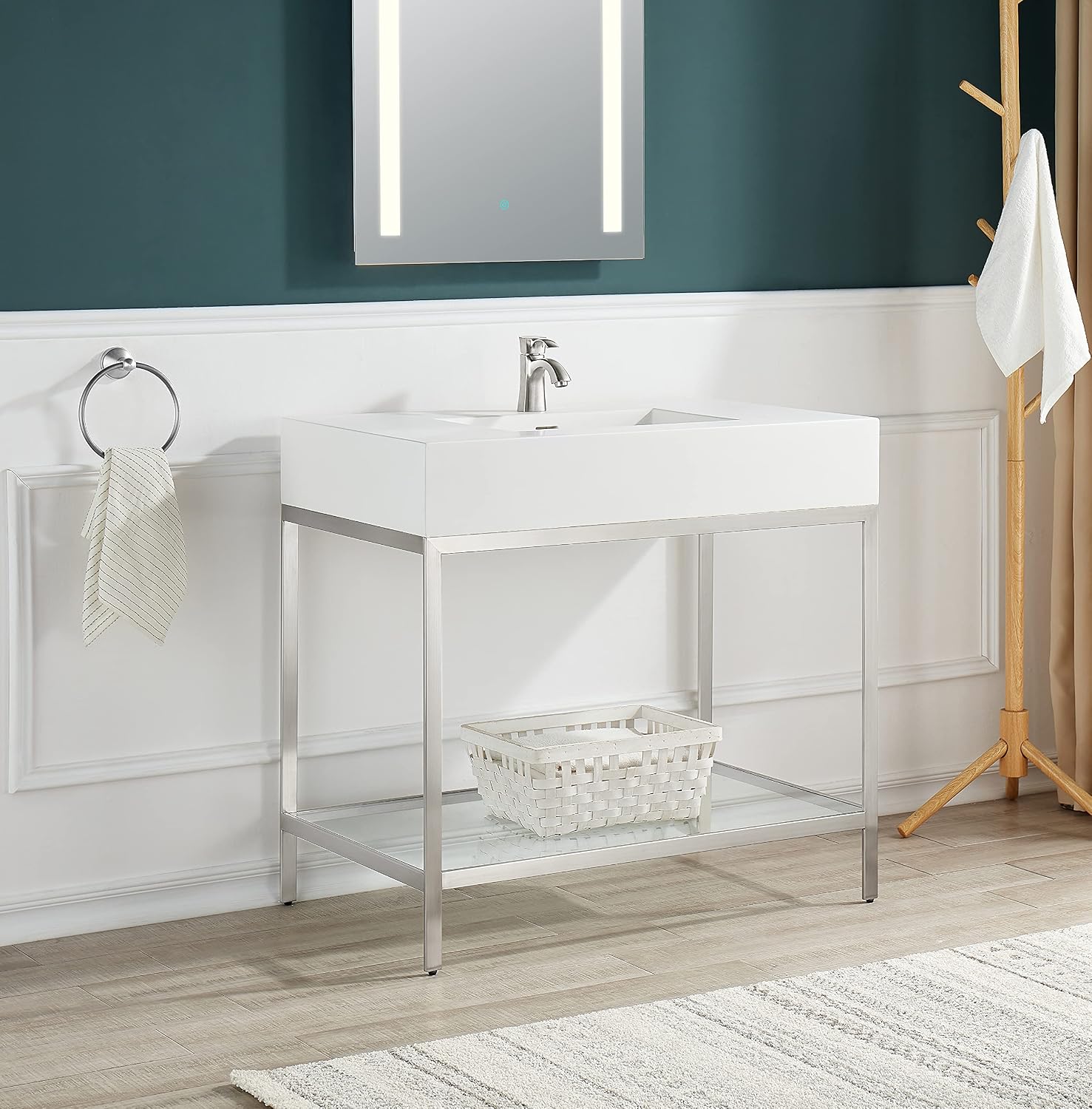 ANZZI Ventura 36" Console Sink in Brushed Nickel with Matte White Countertop | Modern Console Bathroom Gel Coated Resin Sink with Stainless Steel Metal Legs Stand | CS-FGC001-BN
