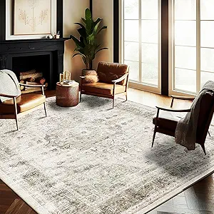 Washable Area Rug 10'x14' Floral Khaki Boho Design Non-Shedding Easy Care Ideal for High Traffic Areas in Living Room Bedroom Office Coffee Table Kitchen Large Carpet