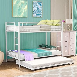 S. K. MODERN ART Metal Bunk Bed for Adults with Trundle Without Mattress (White Powder Coated, 4 x 6 feet)