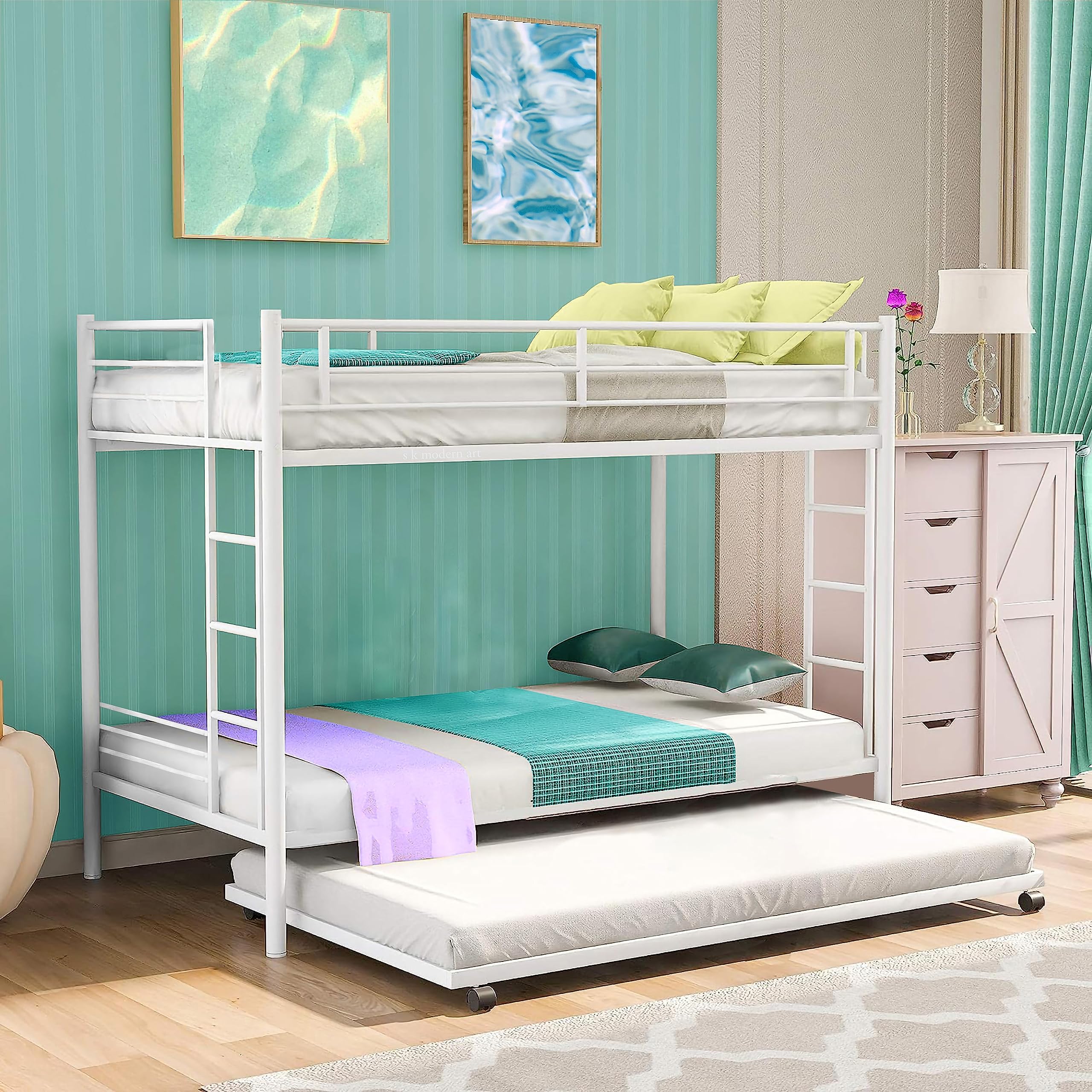 Metal Bunk Bed for Adults with Trundle Without Mattress (White Powder Coated, 4 x 6.5 feet)