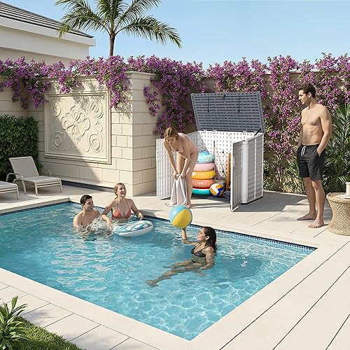 Miniatura 6 de Devoko Cobertizo de almacenamiento de resina para exteriores, gabinete de almacenamiento para exteriores de 34 pies cúbicos sin estante, Beige,Negro