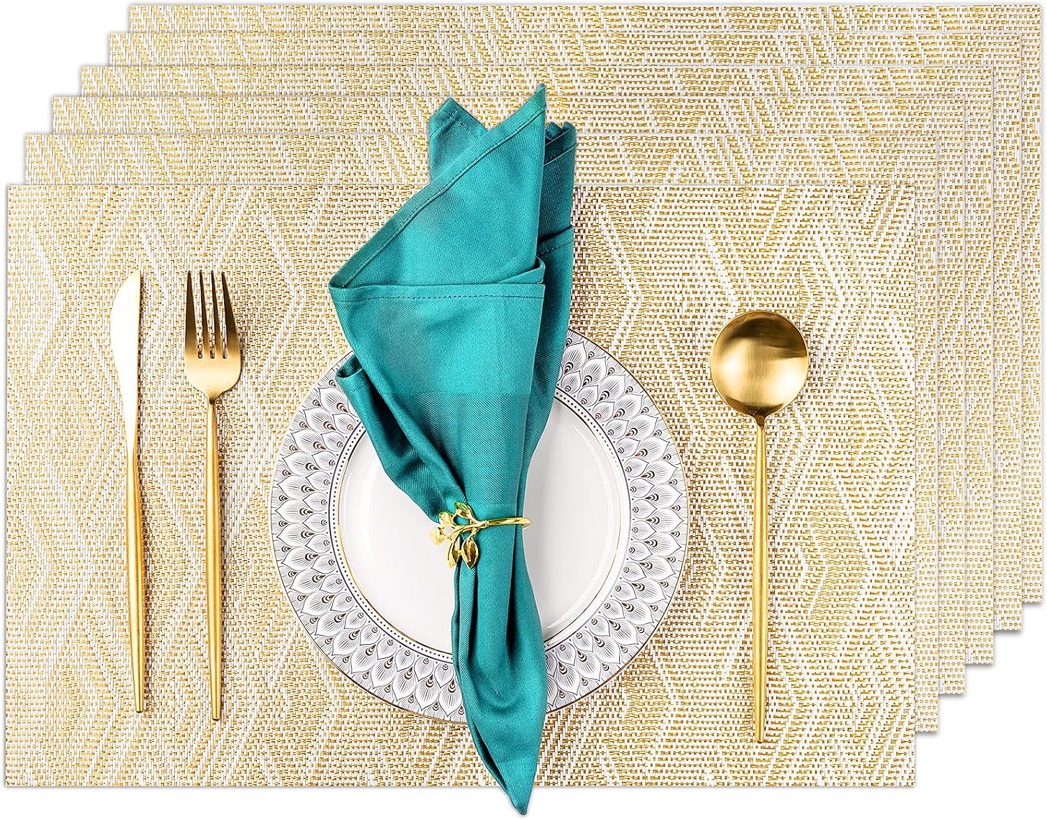 YUESUO Placemats, Placemats for Dining Table Set of 6 Waterproof, Woven Place Mats for Kitchen Table Vinyl Heat Insulation Stain Resistant Placemats(Set of 6, Gold Wave)