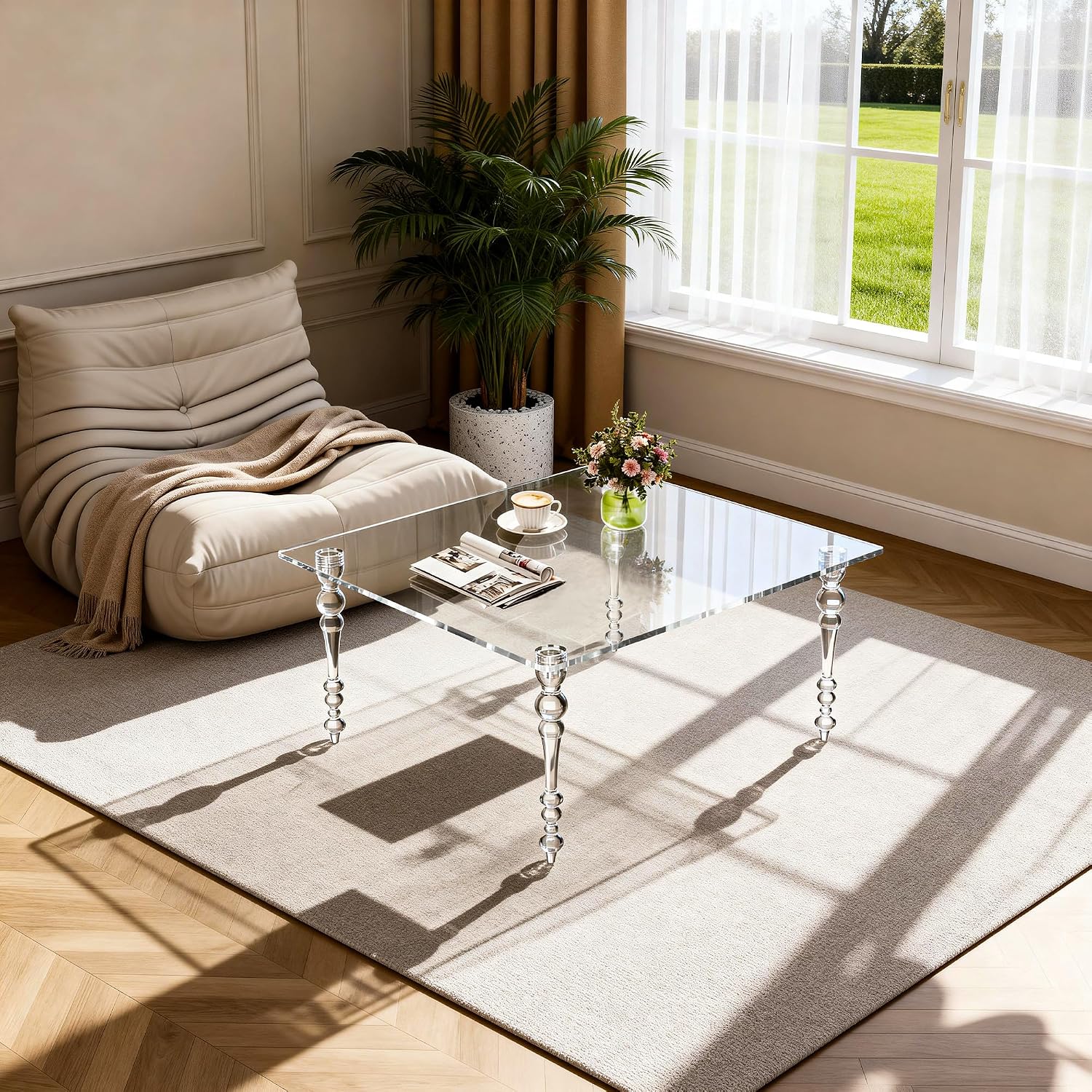 Acrylic Coffee Table Square, Mid-Century Modern Style for Living Room, Bedroom (Clear, 31.5"×31.5"×16.9“)