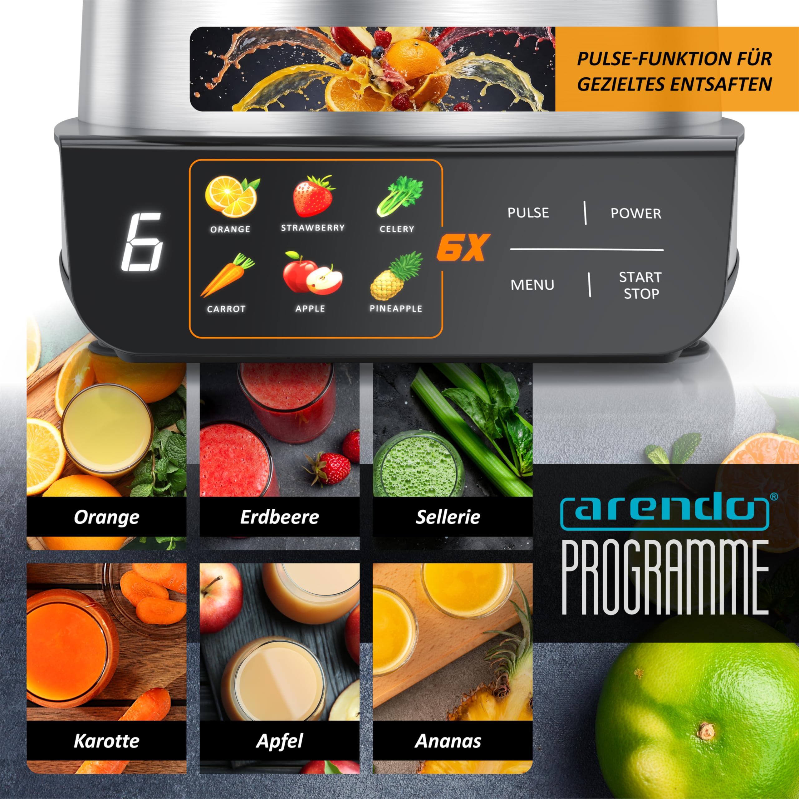 Arendo - Entsafter digital mit Display - 1 Liter – 1000 Watt – XXL Einfüllschacht – LED Display - Farbsymbole – Tropfschutz – Pulsfunktion - für Gemüse und Obst - Sicherheitsverriegelung - inkl. Saftb