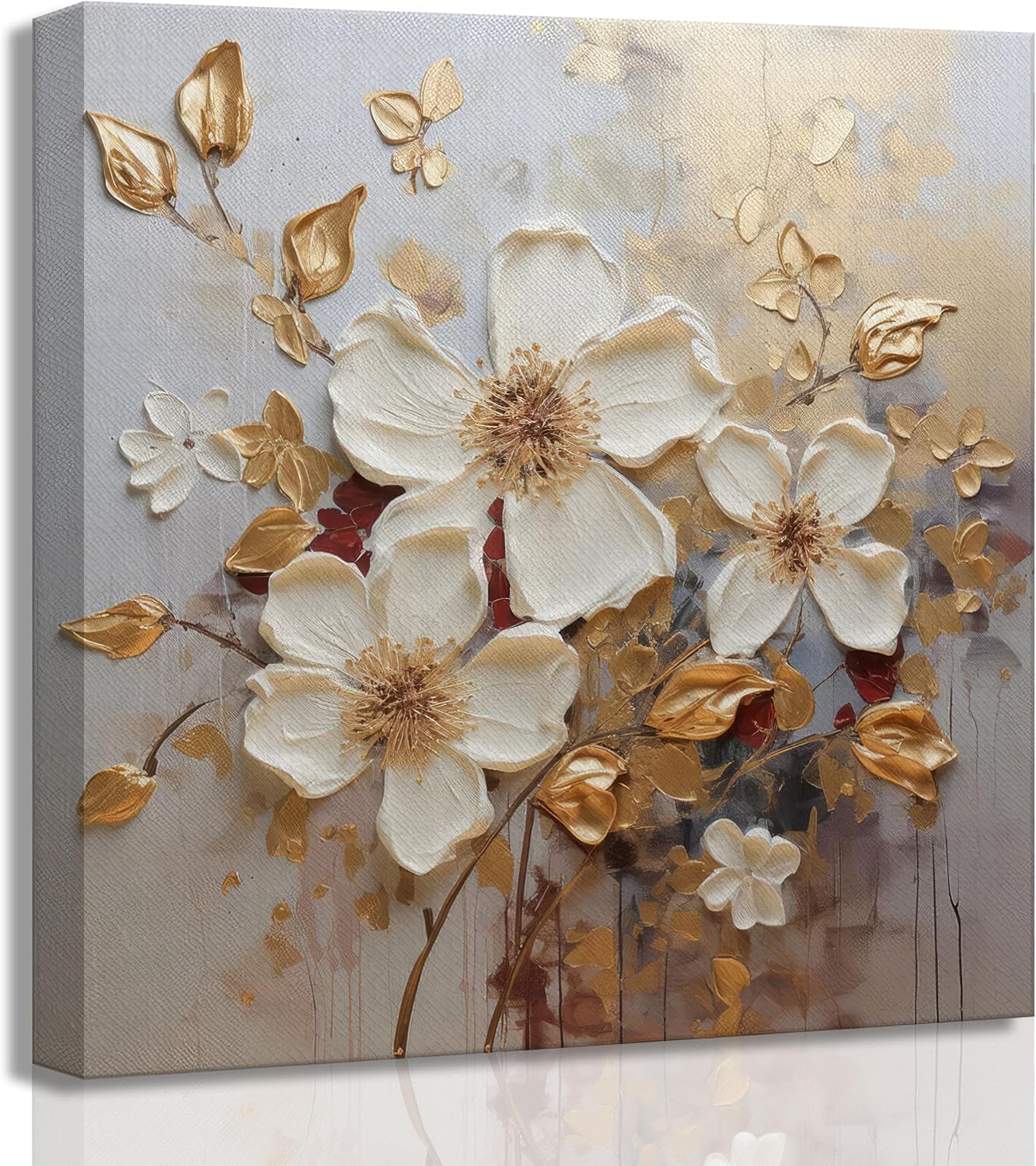 Abstract White Gold Flower Canvas Wall Art Modern Elegant Gold Leaf Floral Botanical Paintings Pictures Wall Decor Poster Print Artwork for Living Room Bedroom Home Decoration