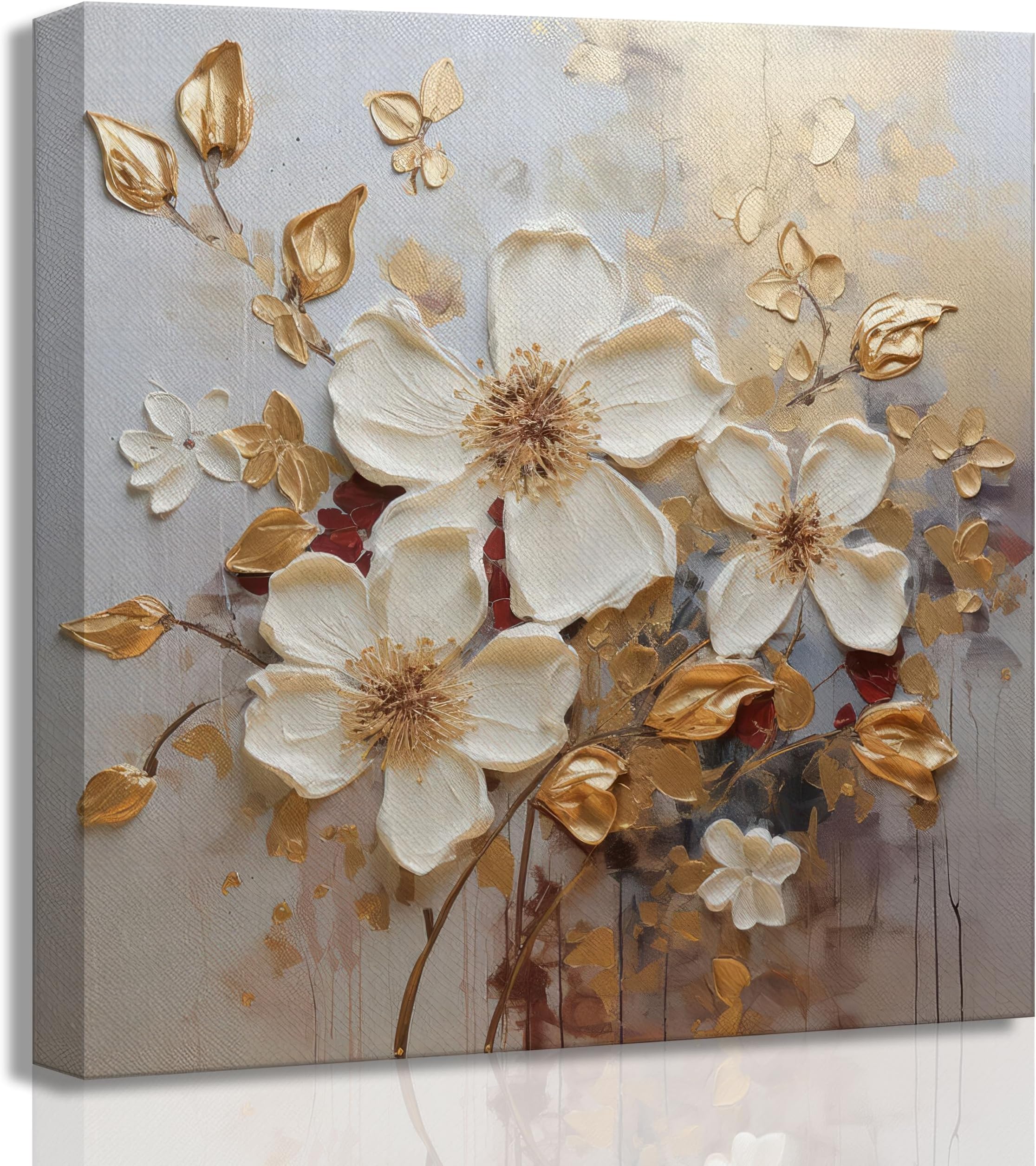 Abstract White Gold Flower Canvas Wall Art Modern Elegant Gold Leaf Floral Botanical Paintings Pictures Wall Decor Poster Print Artwork for Living Room Bedroom Home Decoration
