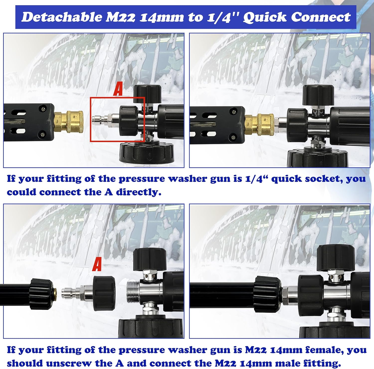 Tool Daily Pressure Washer Foam Cannon with Dual-Connector Accessory, Power Washer Double Tip Attachment For Soap Cannon, 5 Pressure Washer Sprayer Nozzles, 1/4" Quick Connect