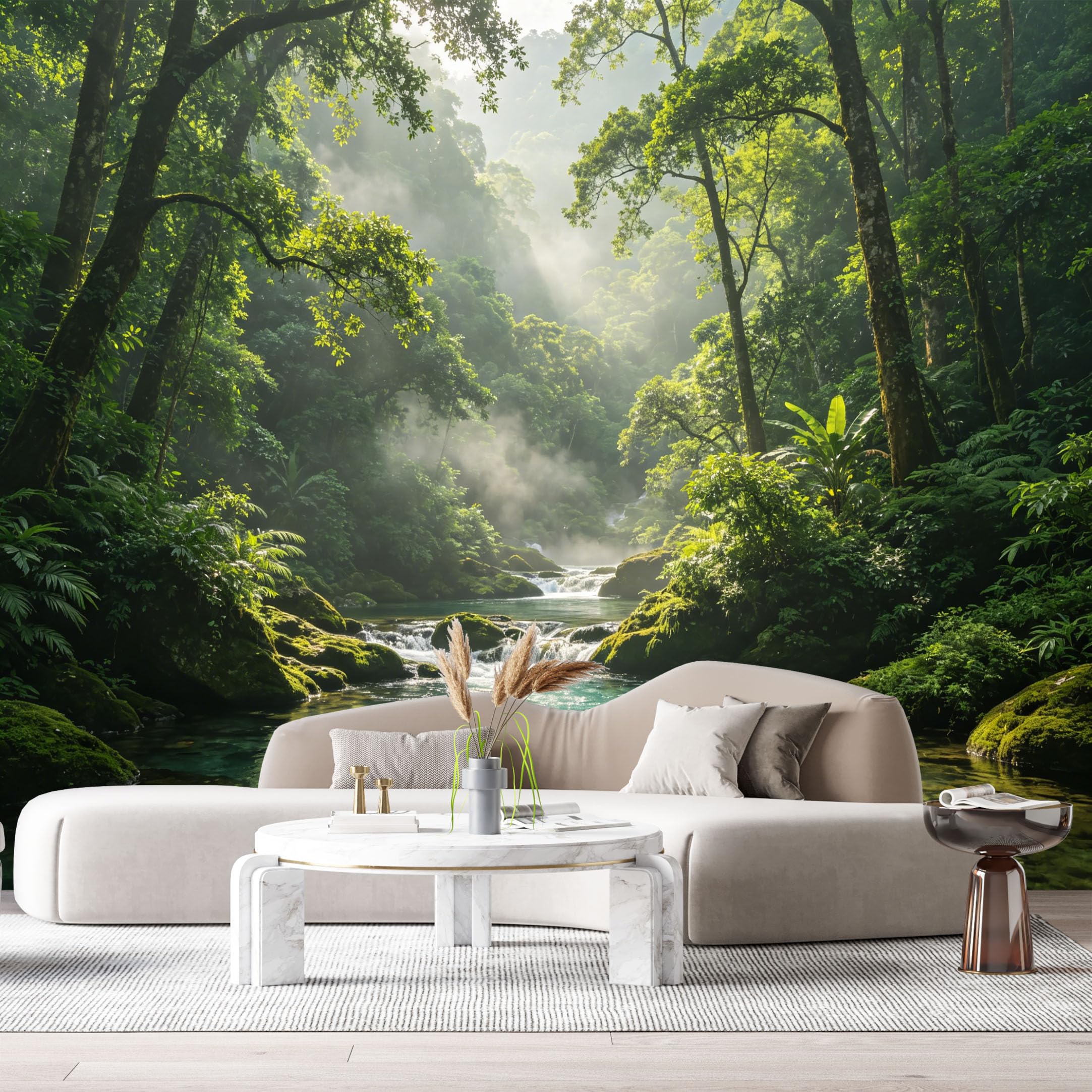Custom Size Wall Murals Misty Forest Tropical River Landscape Sunbeam Mossy Rocks SelfAdhesive Wall Fabric Removable Large Wallpaper for Photo Living Room