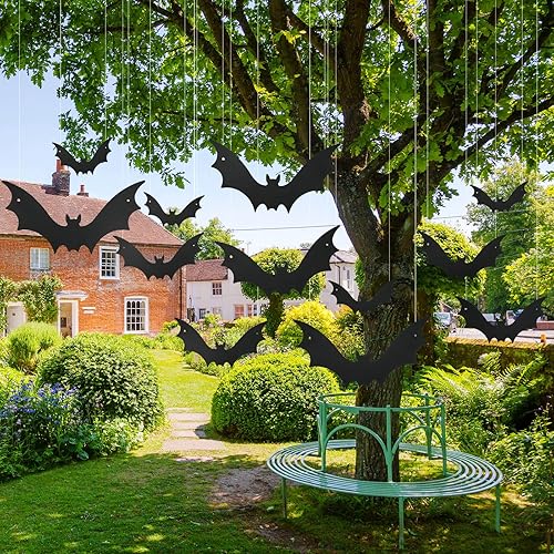 12 piezas de murciélagos colgantes para decoración de Halloween para exteriores, calabaza, esqueleto, araña, decoración de césped al aire libre, 3