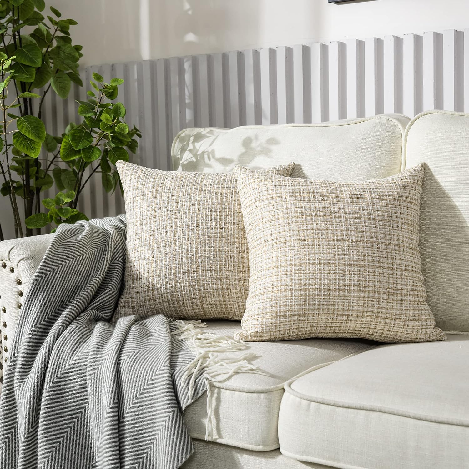 Ohshimun Square Decorative Throw Pillow Covers Soft Chenille Cushion Covers 16 x 16 for Sofa Bed, Set of 2, Gold/Beige.