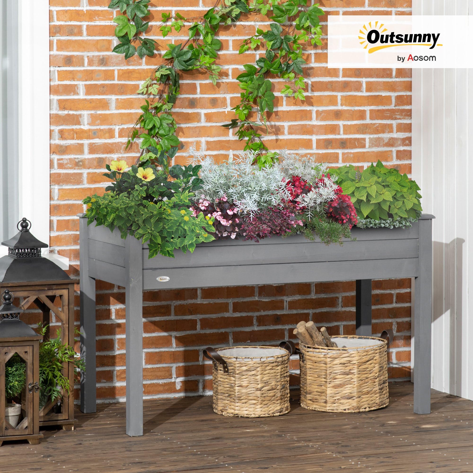 Outsunny Jardinière sur Pieds Potager avec Inserts d'Irrigation et Feutre de Drainage Inclus dim. 122L x 56l x 76H cm en Bois Massif de Sapin Gris