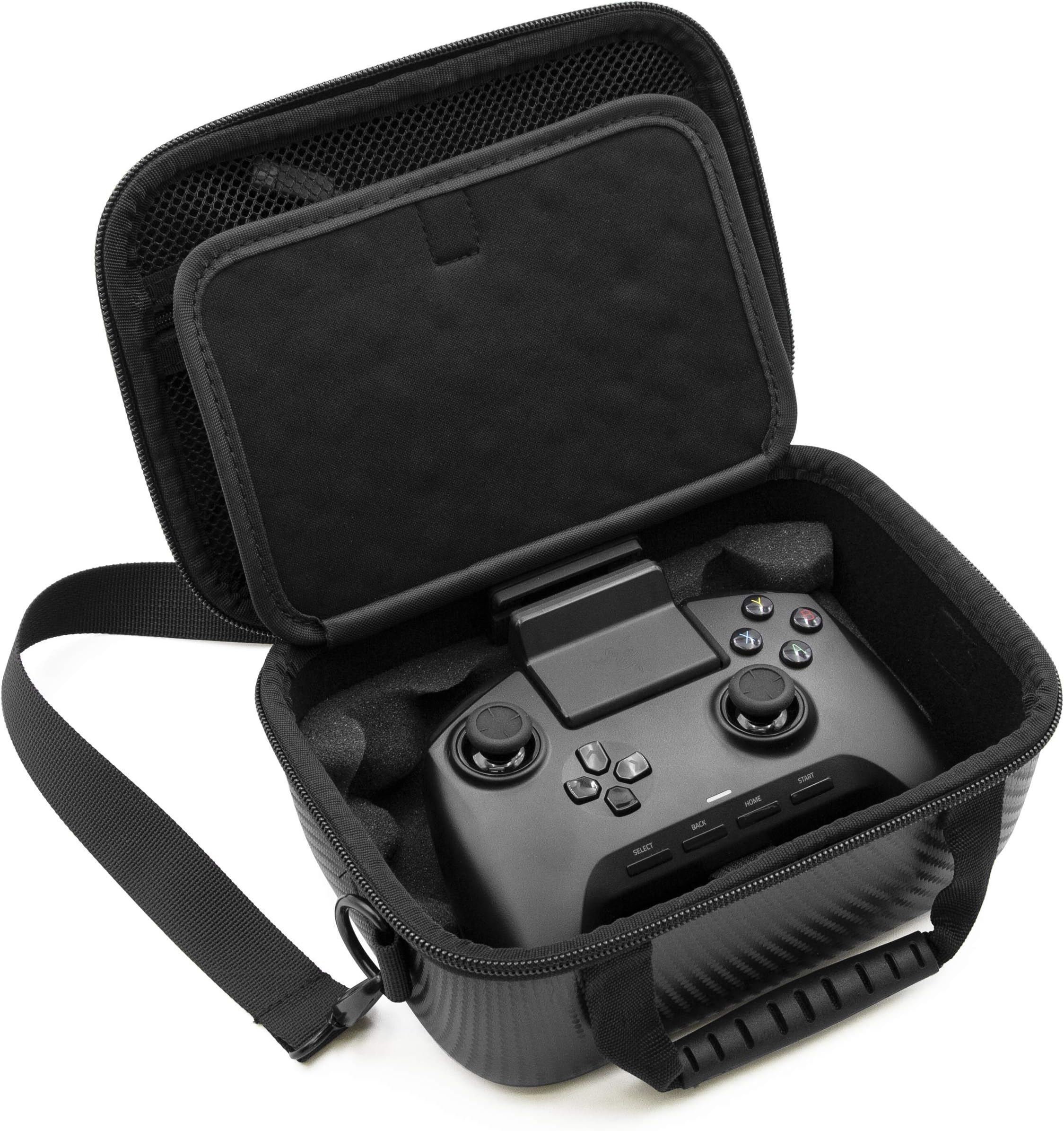 CASEMATIX Travel Case Compatible with Razer Raiju Mobile Android Controller - Hard Shell Case for Razer Android Controller with Foam Interior, Shoulder Strap and Phone Accessory Storage