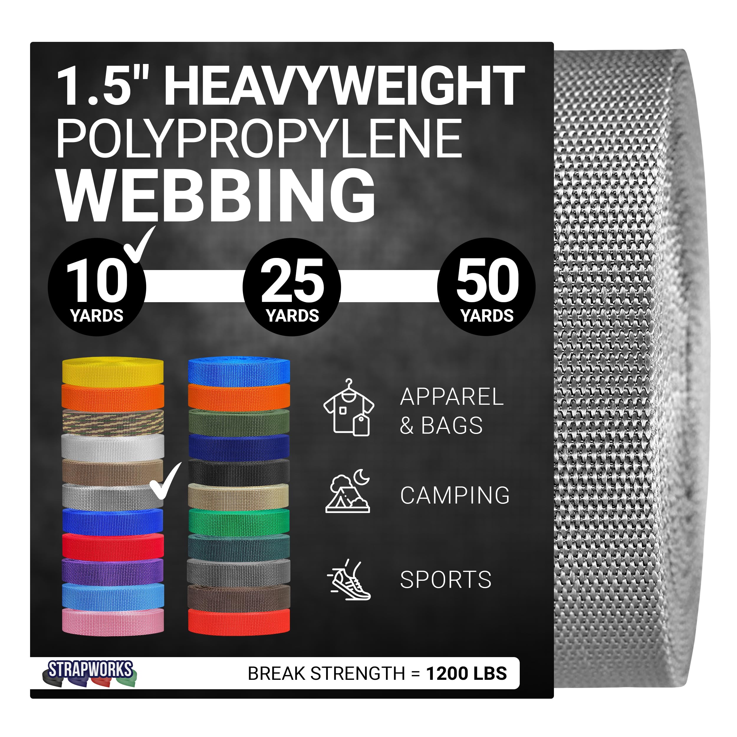 Strapworks Heavyweight Polypropylene Webbing - Heavy Duty Poly Strapping for Outdoor DIY Gear Repair, 1.5 Inch x 10 Yards, Silver Gray