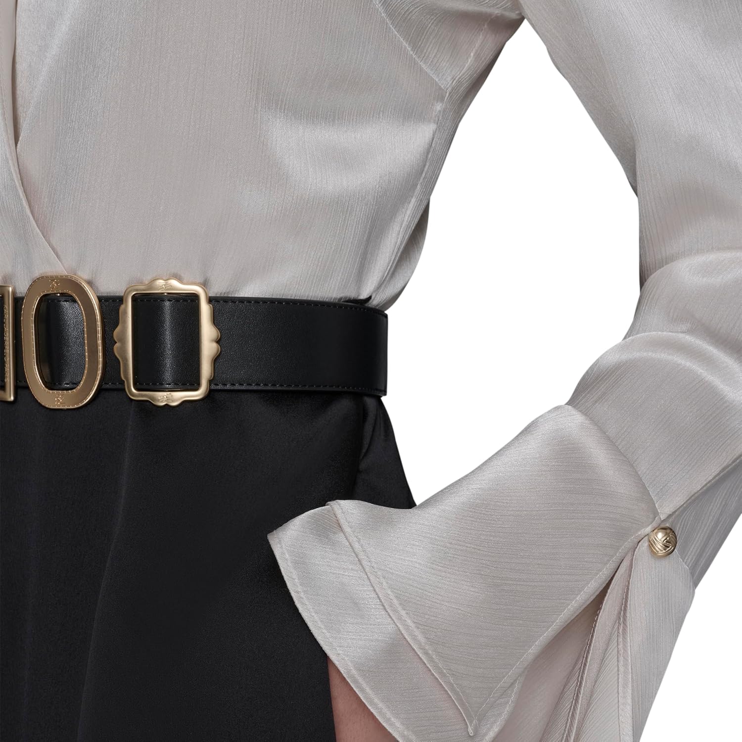 Karl Lagerfeld Womens Long Sleeve Crinkle Poly Satin Novelty Belt Midi Shirt Dress - Image 5