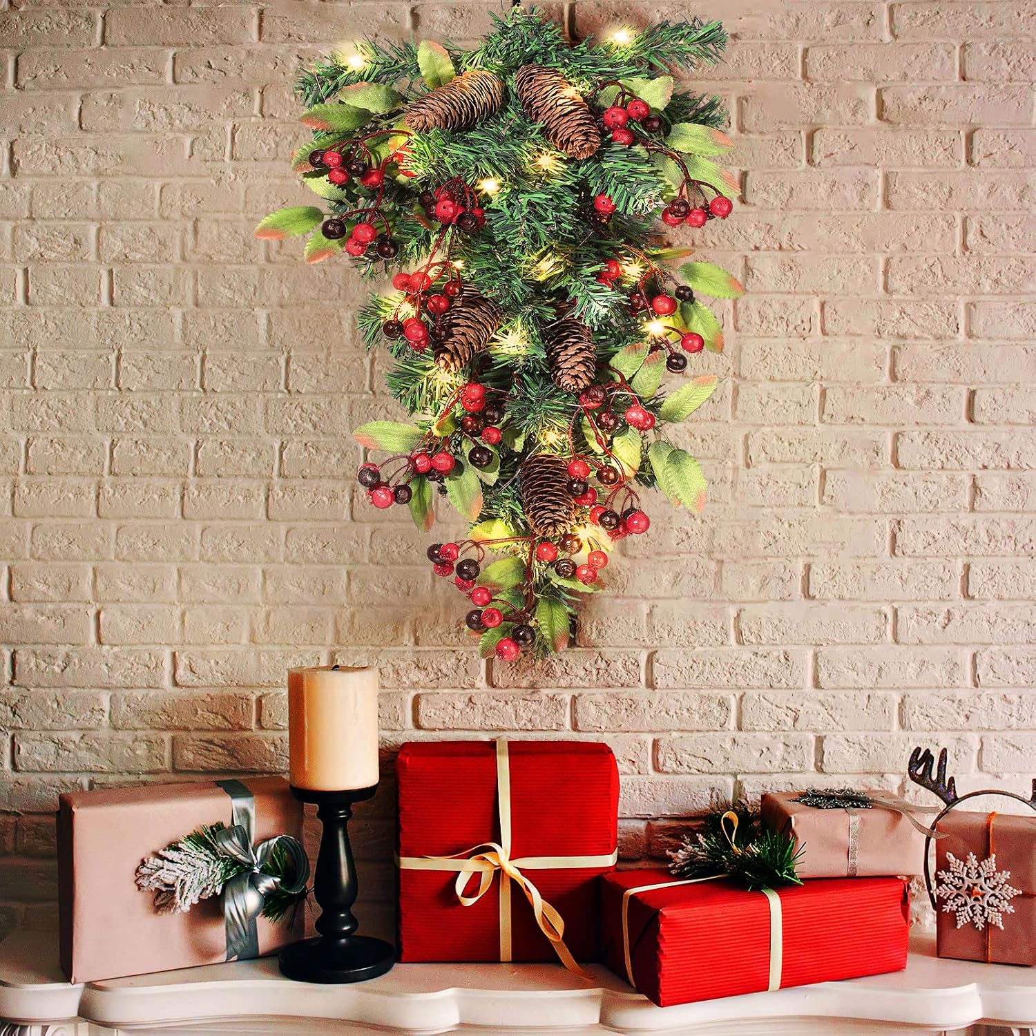 Christmas Teardrop Swag Artificial Teardrop Wreath with Simulation Pine Needle Pine Cone Red Berries Warm White Fairy Lights LED String Lights S Shaped Hook for Indoor Seasonal Wall Decor (Classic)