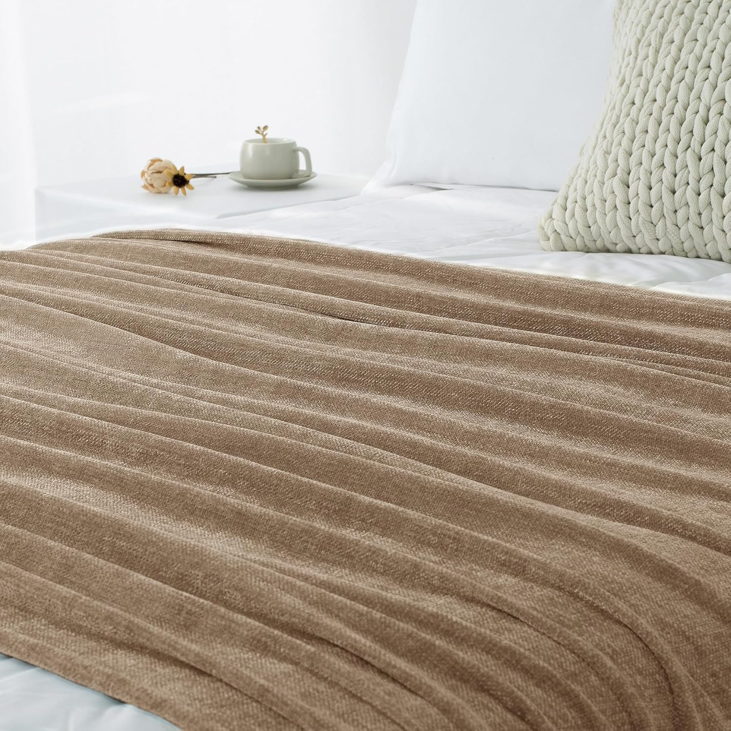 Chenille Throw Blanket for Couch 50"X 60", Soft Cozy Throws with Fringe Tassel for Bed Sofa Chair Cover, Lightweight Knitted Decorative Boho Blankets for Living Room, Taupe - Image 9