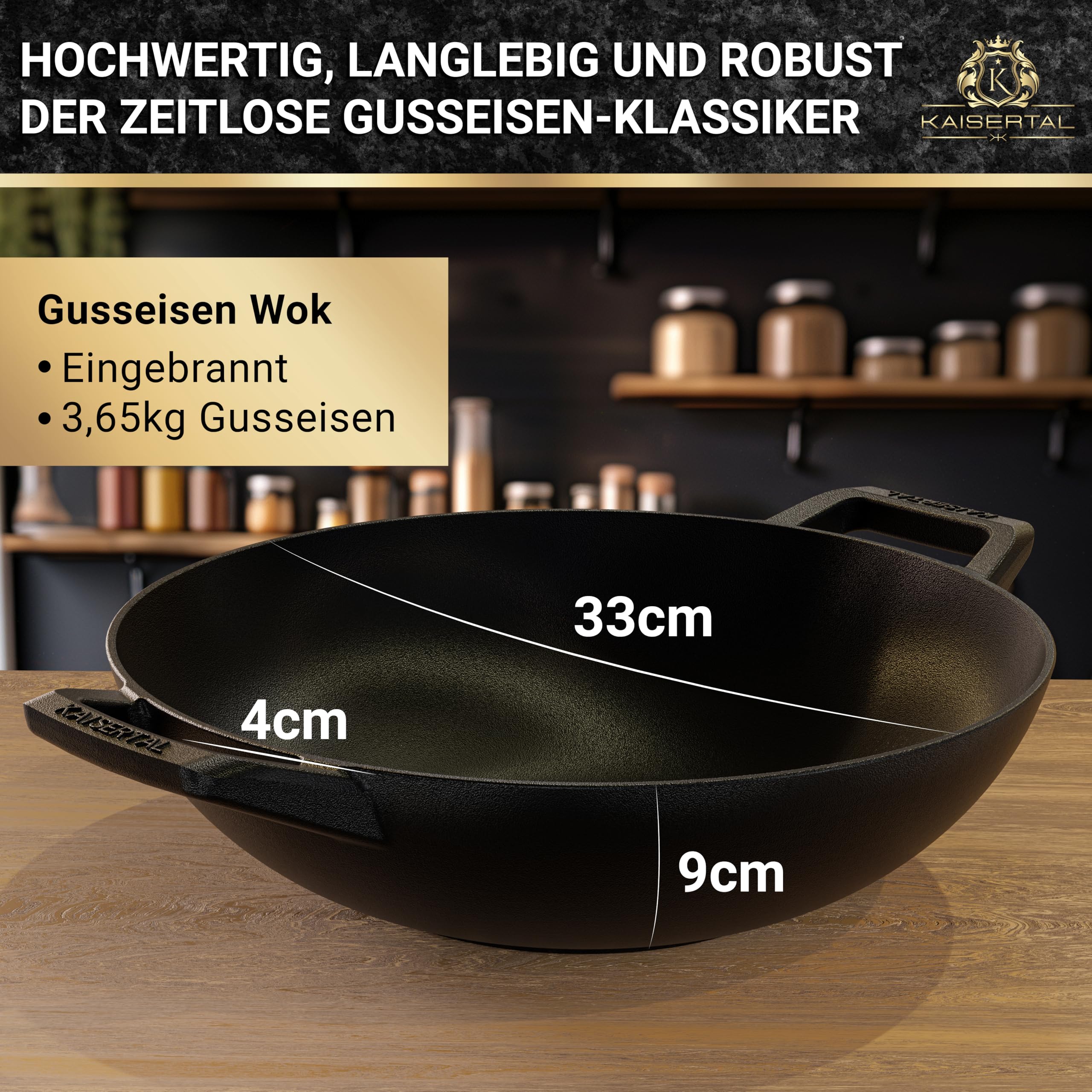 Kaisertal® Sartén wok de hierro fundido para inducción, 32 cm de diámetro, sin tapa, wok con base plana y tapa de cristal, apta para horno, incluye cepillo de limpieza