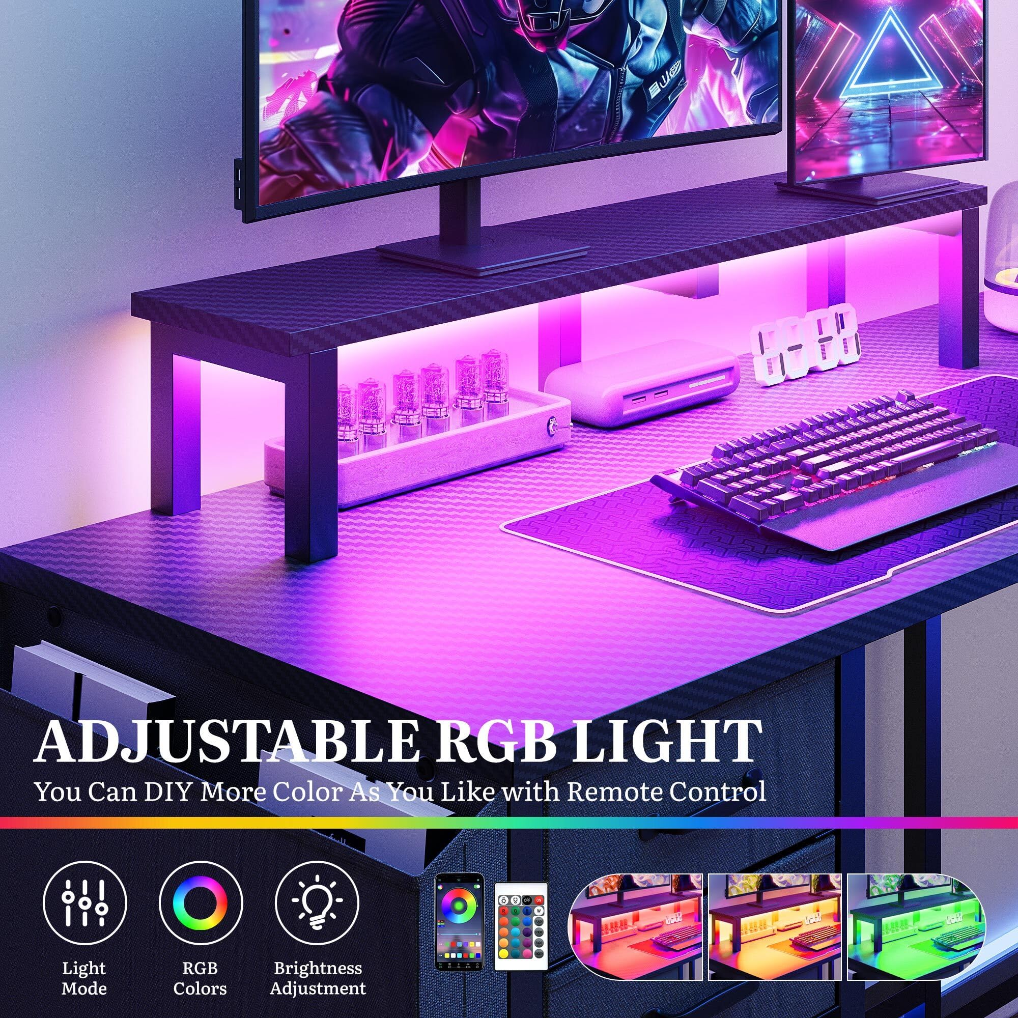 YITAHOME 150cm Gaming Tisch L Form Steckdose LED USB Schubladen Schwarz | Reversibler Eckschreibtisch, Regale, Monitorständer, RGB LED, Holzplatte Metallrahmen, Schreibtisch Home Office Studium